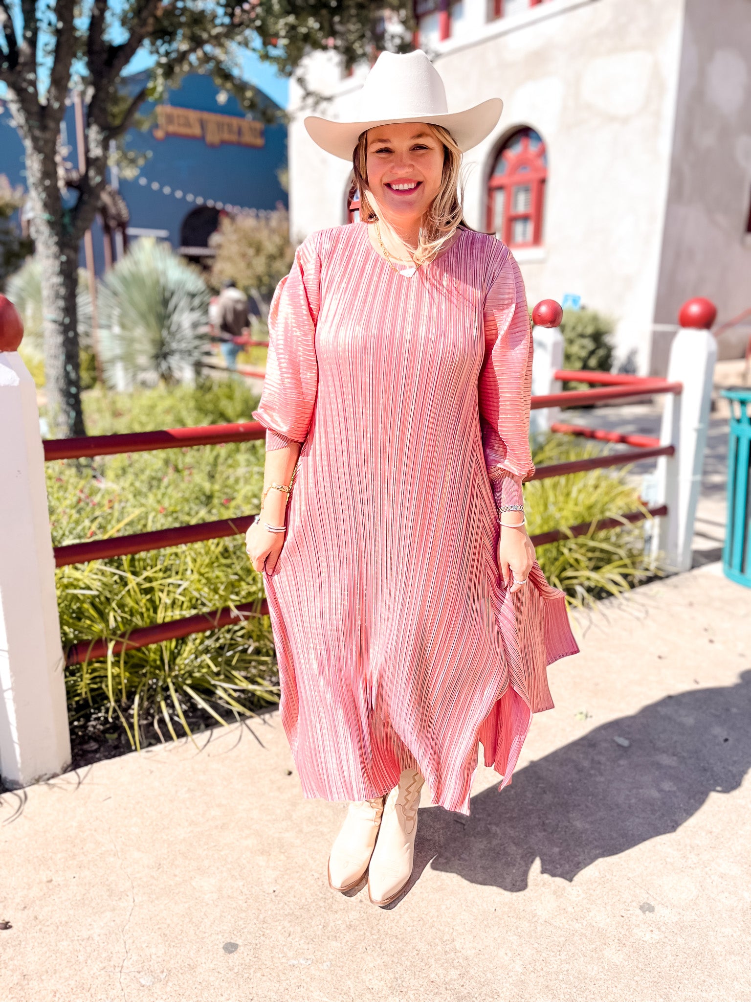 Metallic Pleats Dress - Pink