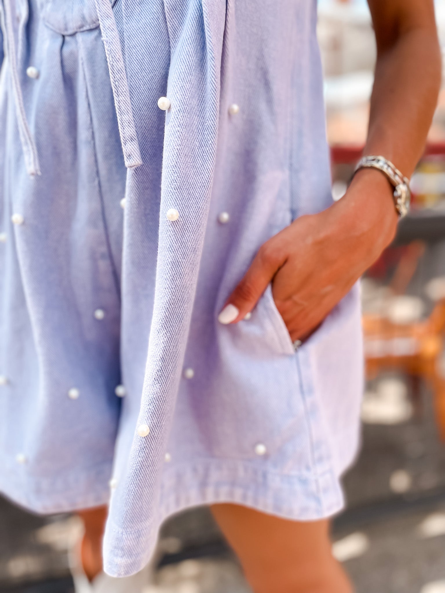 Pleats + Pearls Denim Romper - Lavender