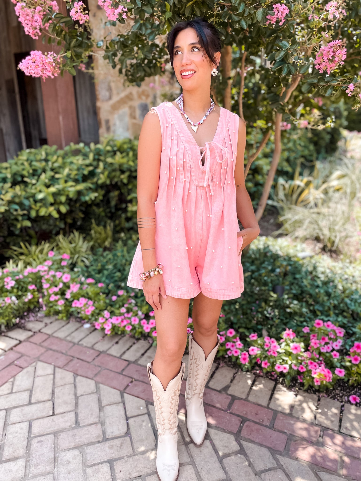Pleats + Pearls Denim Romper - Pink
