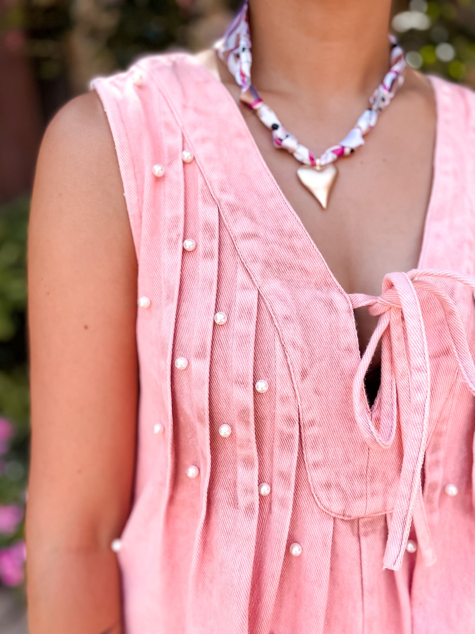 Pleats + Pearls Denim Romper - Pink