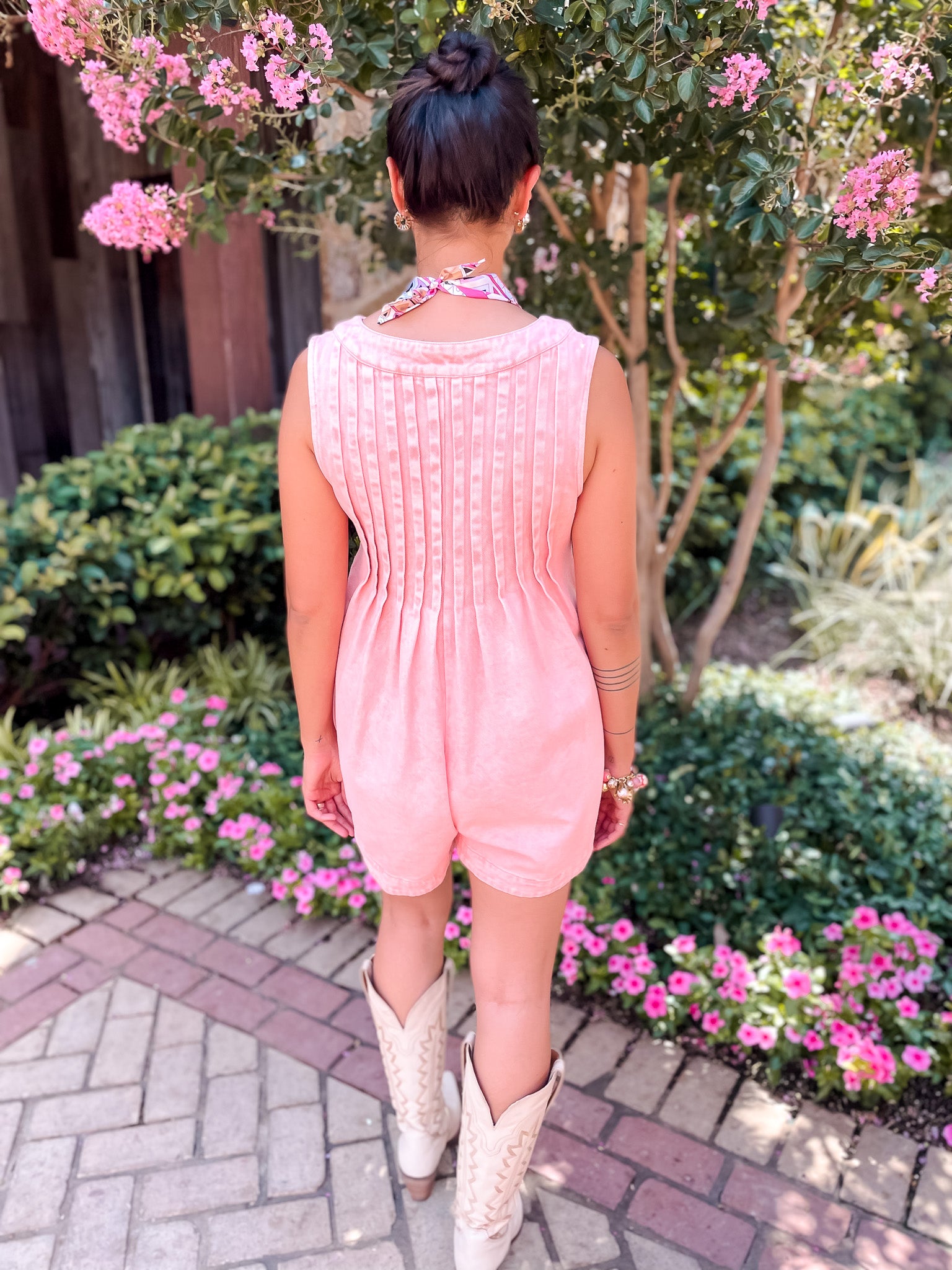 Pleats + Pearls Denim Romper - Pink
