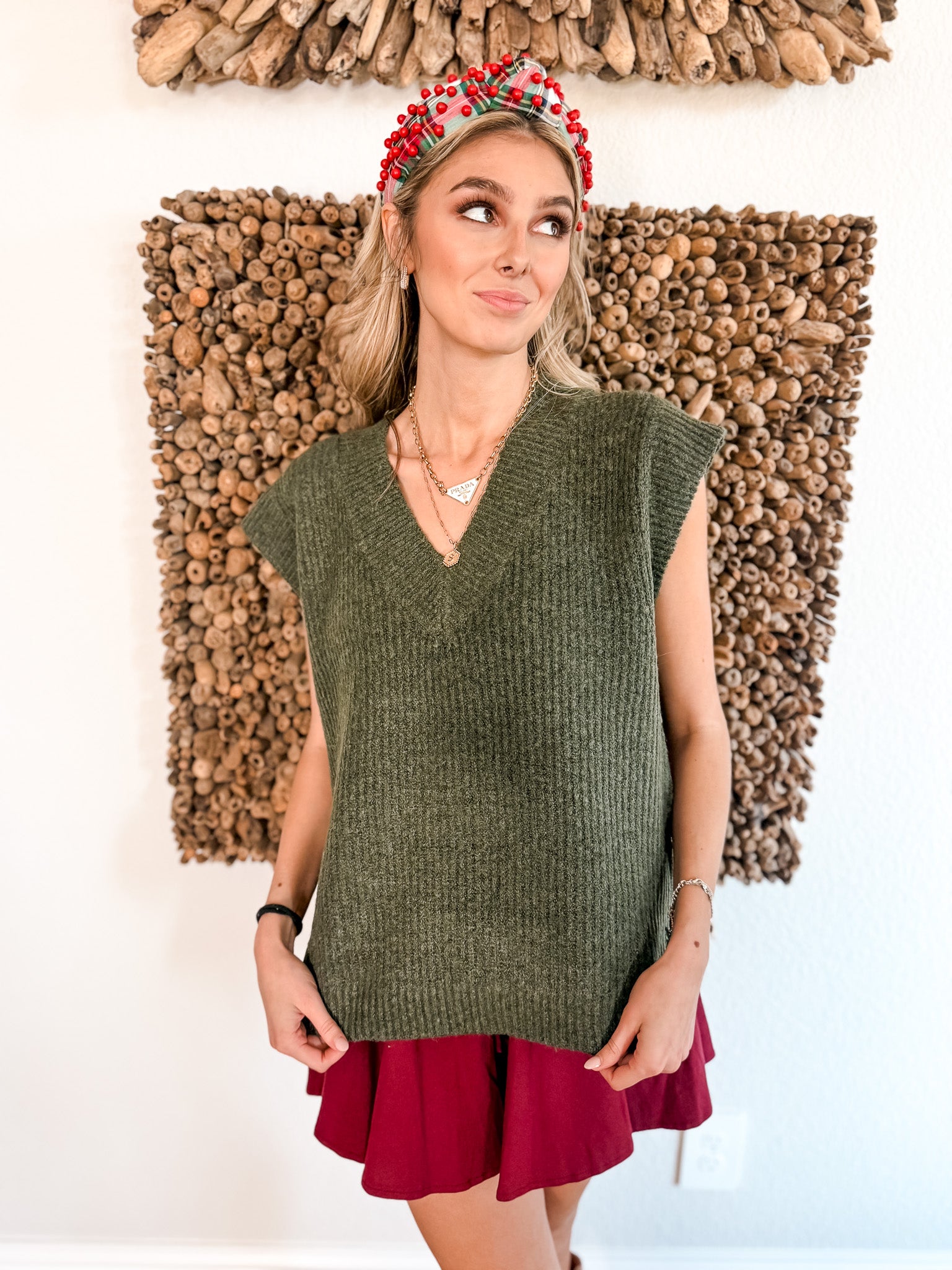 Deep V Sweater Vest - Olive