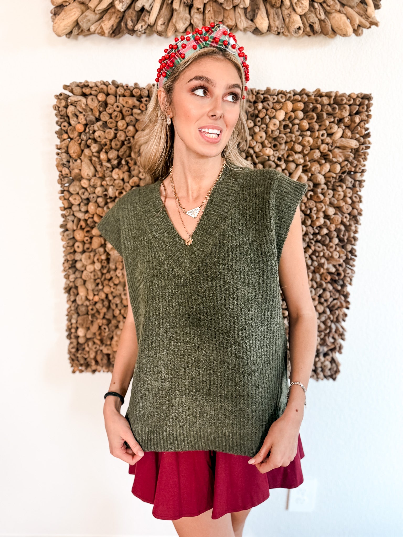 Deep V Sweater Vest - Olive