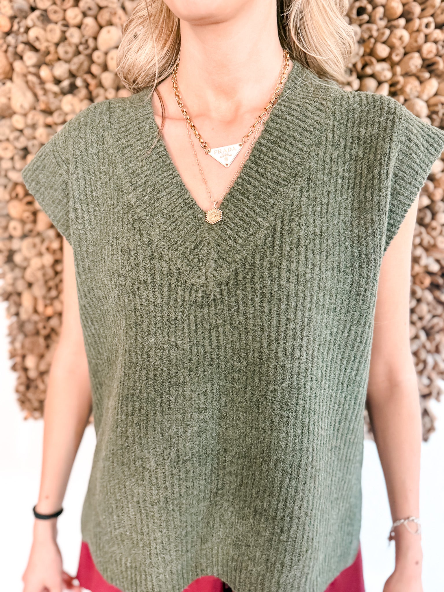 Deep V Sweater Vest - Olive