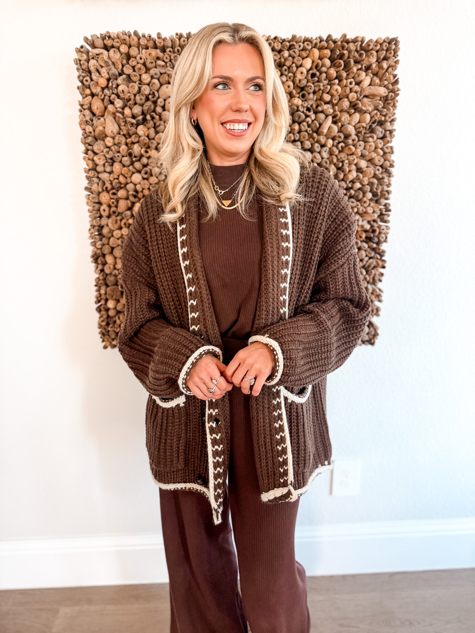Double Breasted Oversized Cardigan - Brown