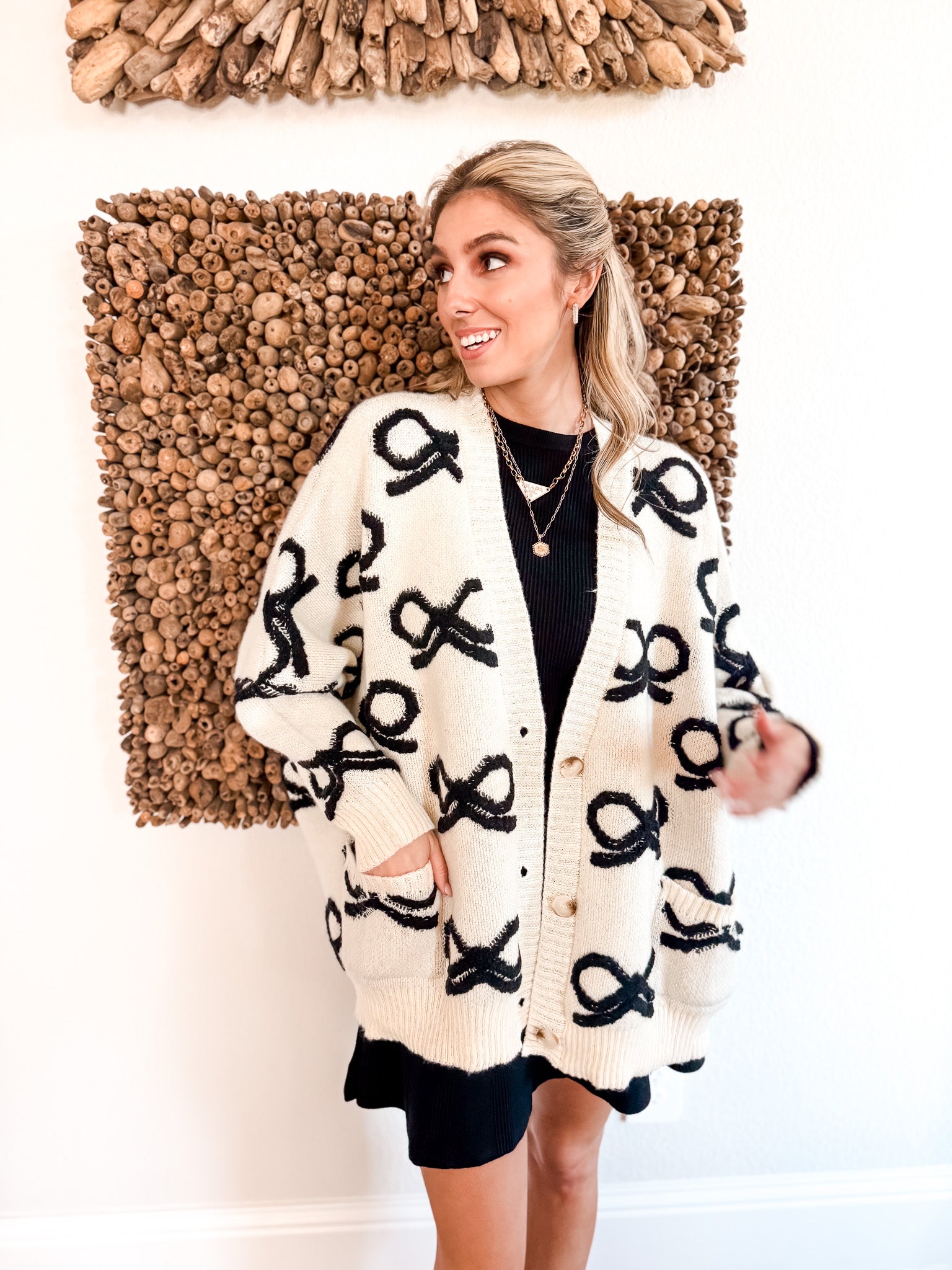 Ribbon Boxy Cardigan - Ivory/Black