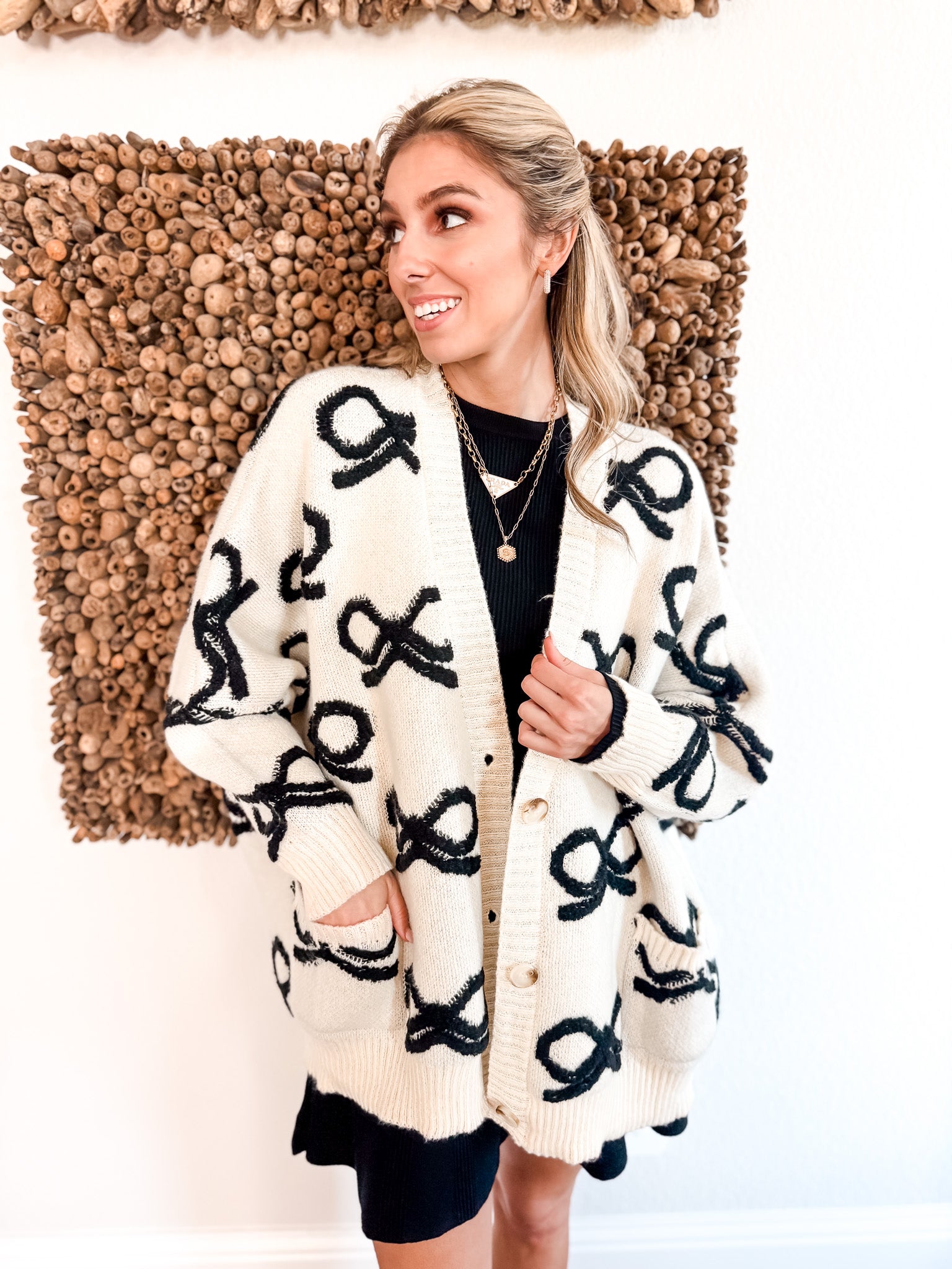 Ribbon Boxy Cardigan - Ivory/Black