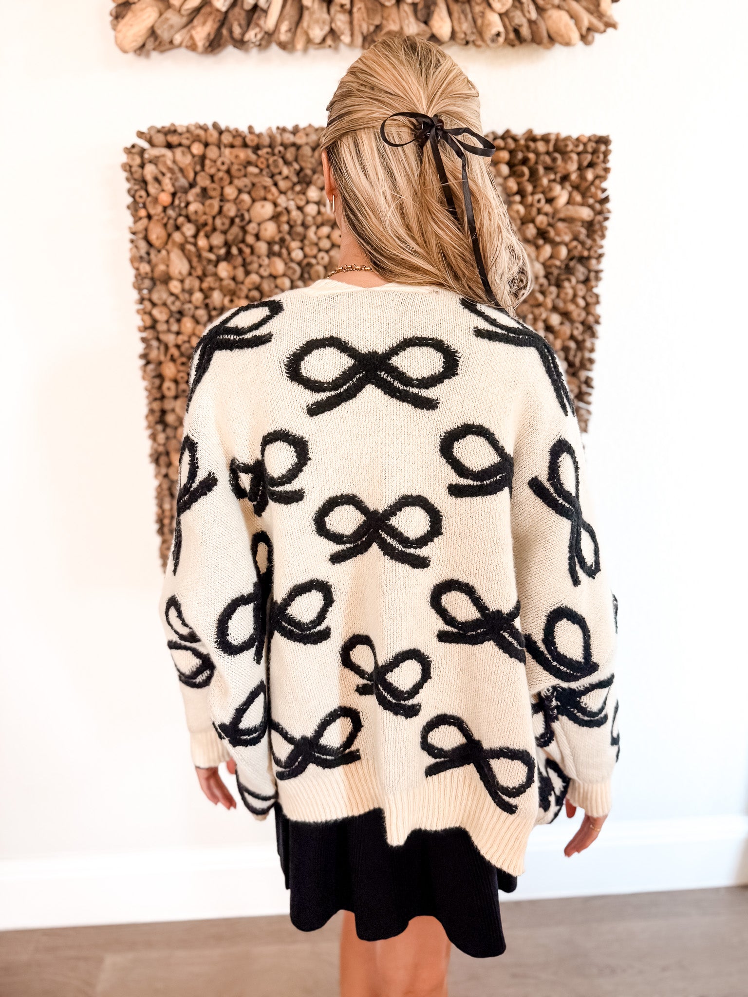 Ribbon Boxy Cardigan - Ivory/Black