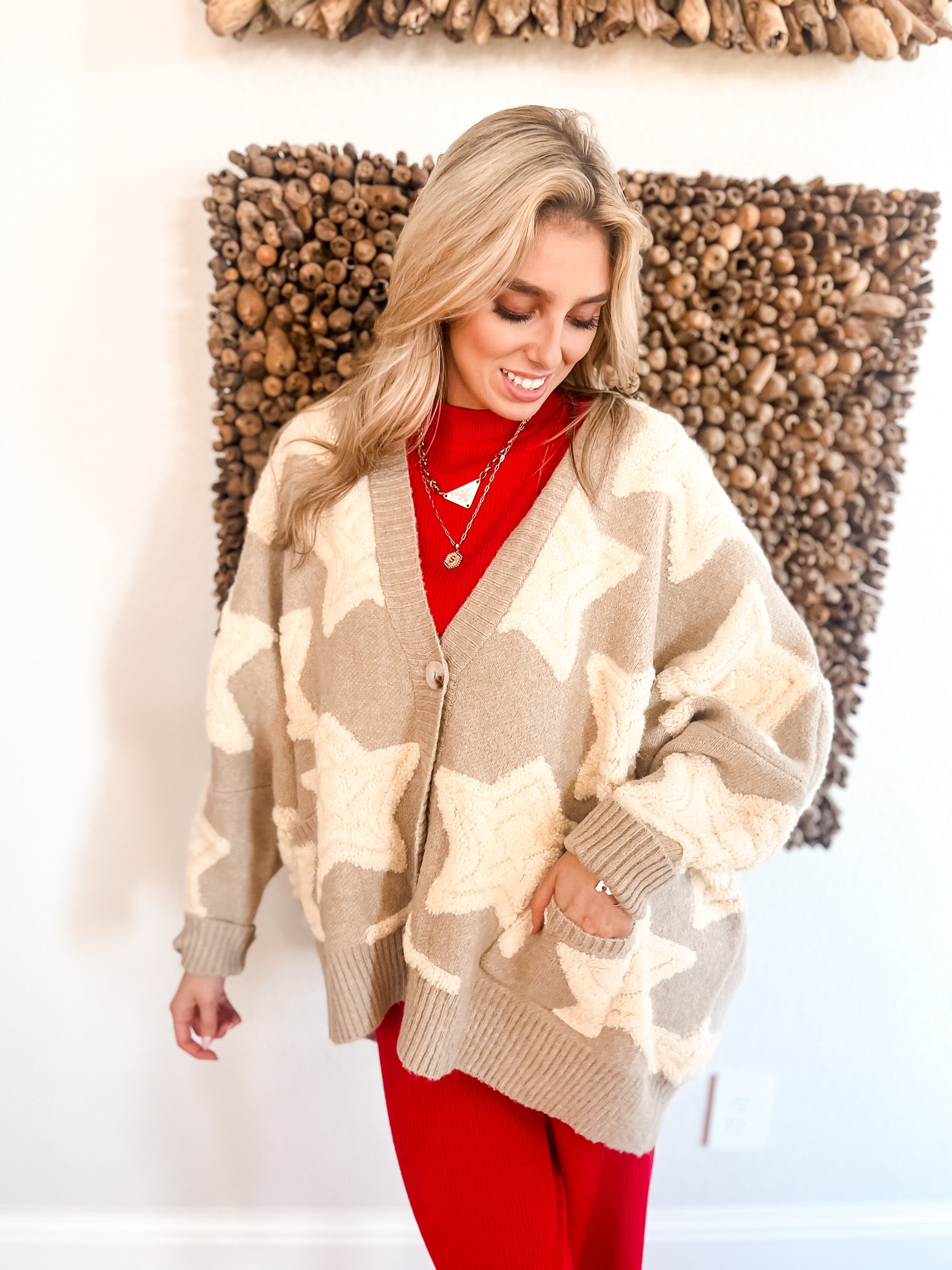 Star Print Boxy Cardigan - Taupe