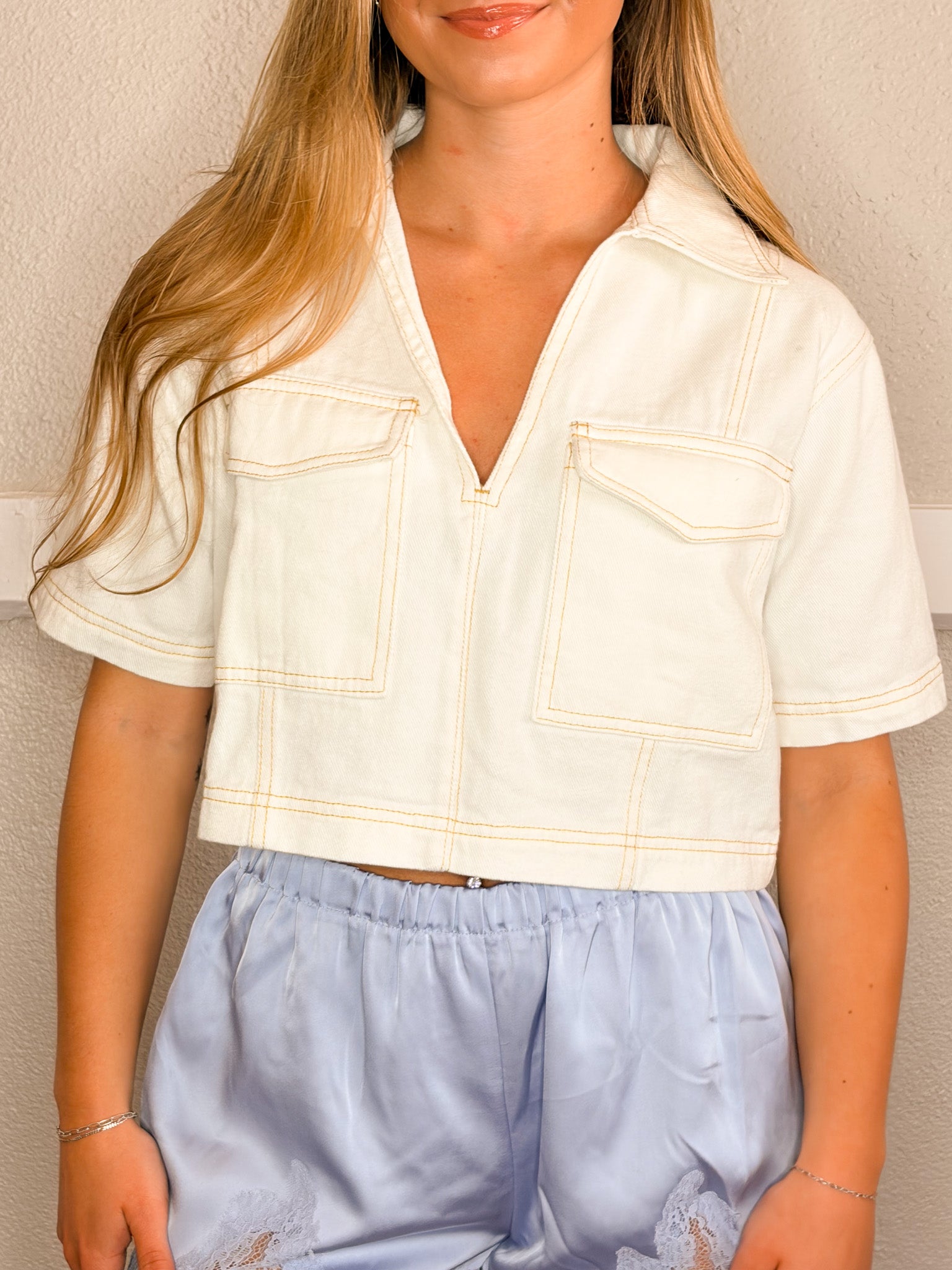 V-Neck Denim Crop Top - White