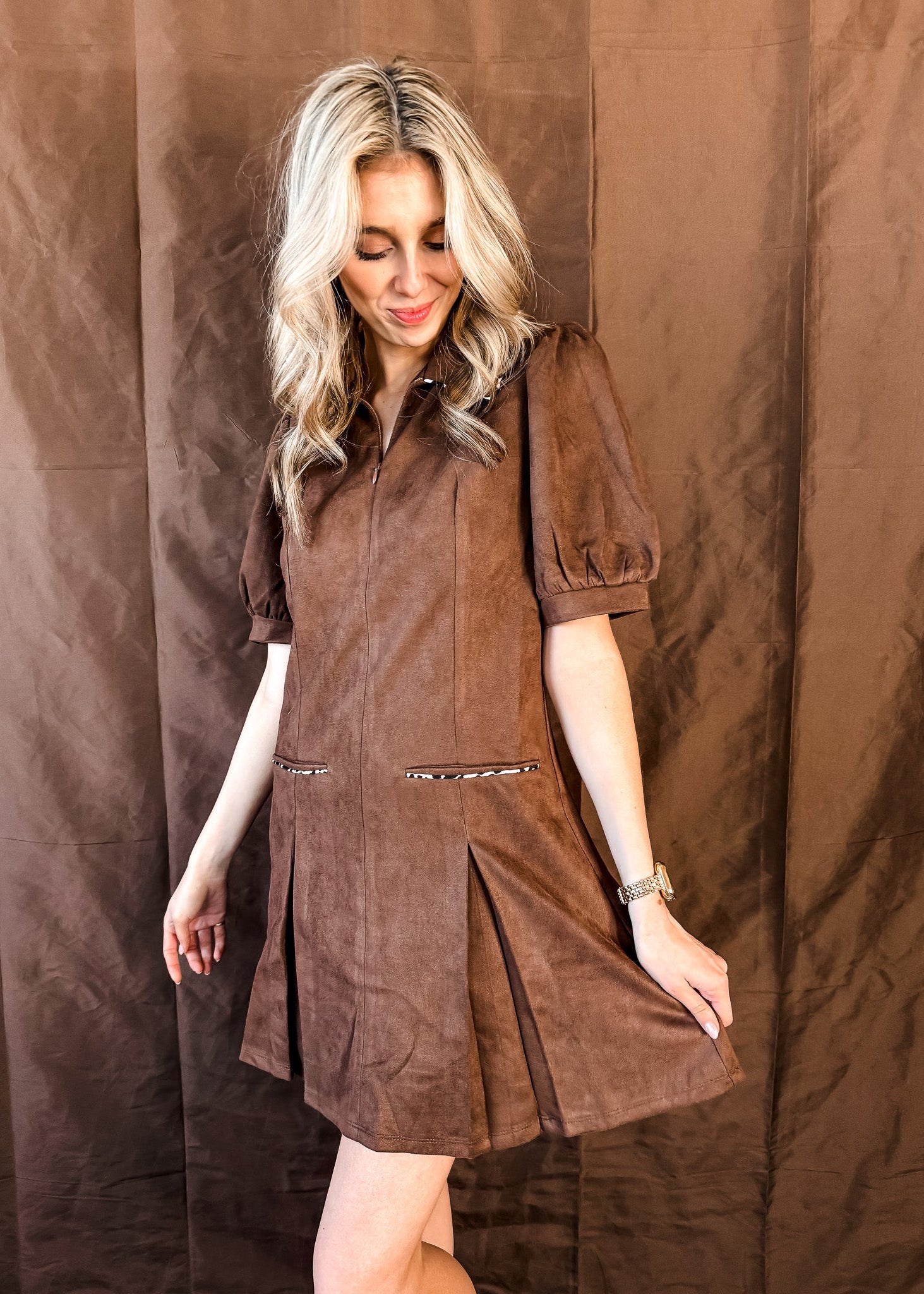 Spotted Piping Suede Dress - Chocolate
