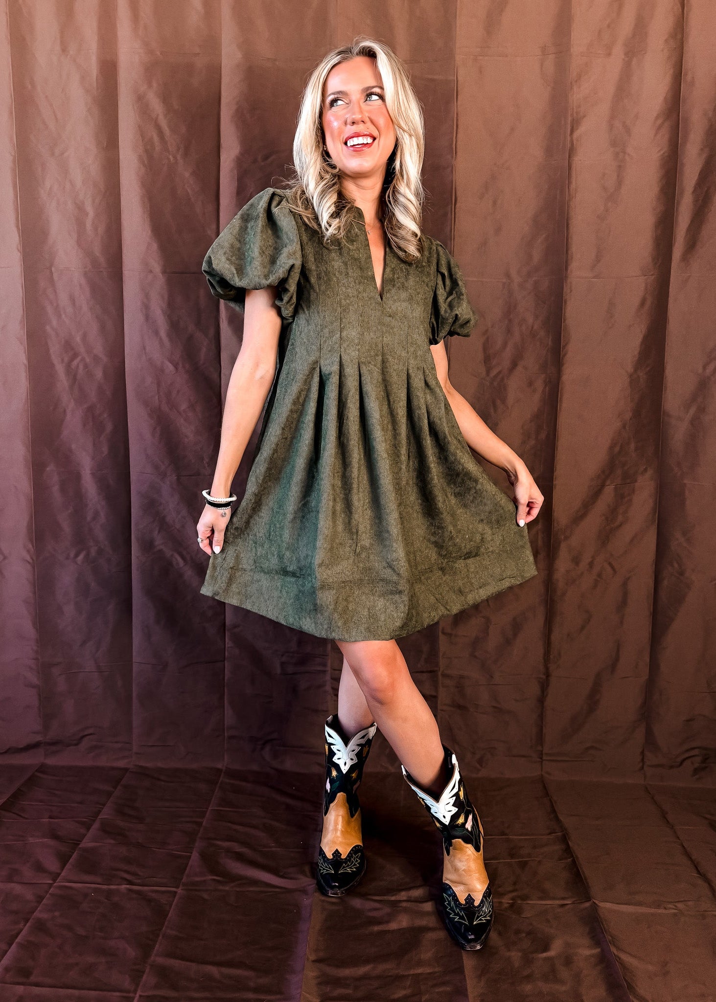 Z Puff Sleeve Corduroy Dress - Olive