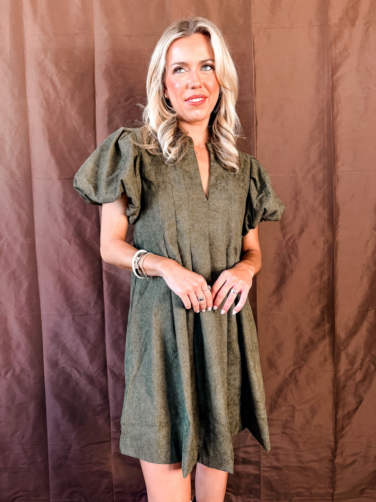 Z Puff Sleeve Corduroy Dress - Olive