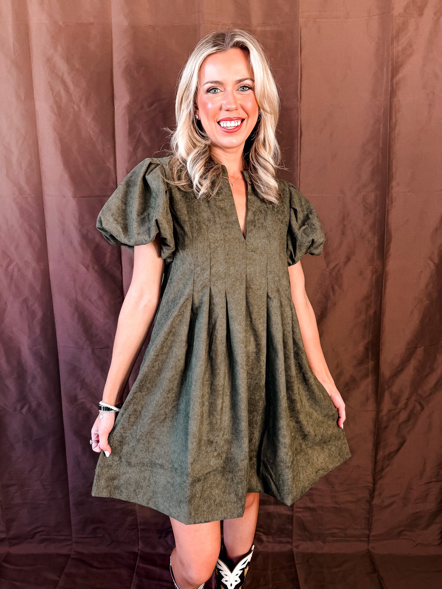 Z Puff Sleeve Corduroy Dress - Olive