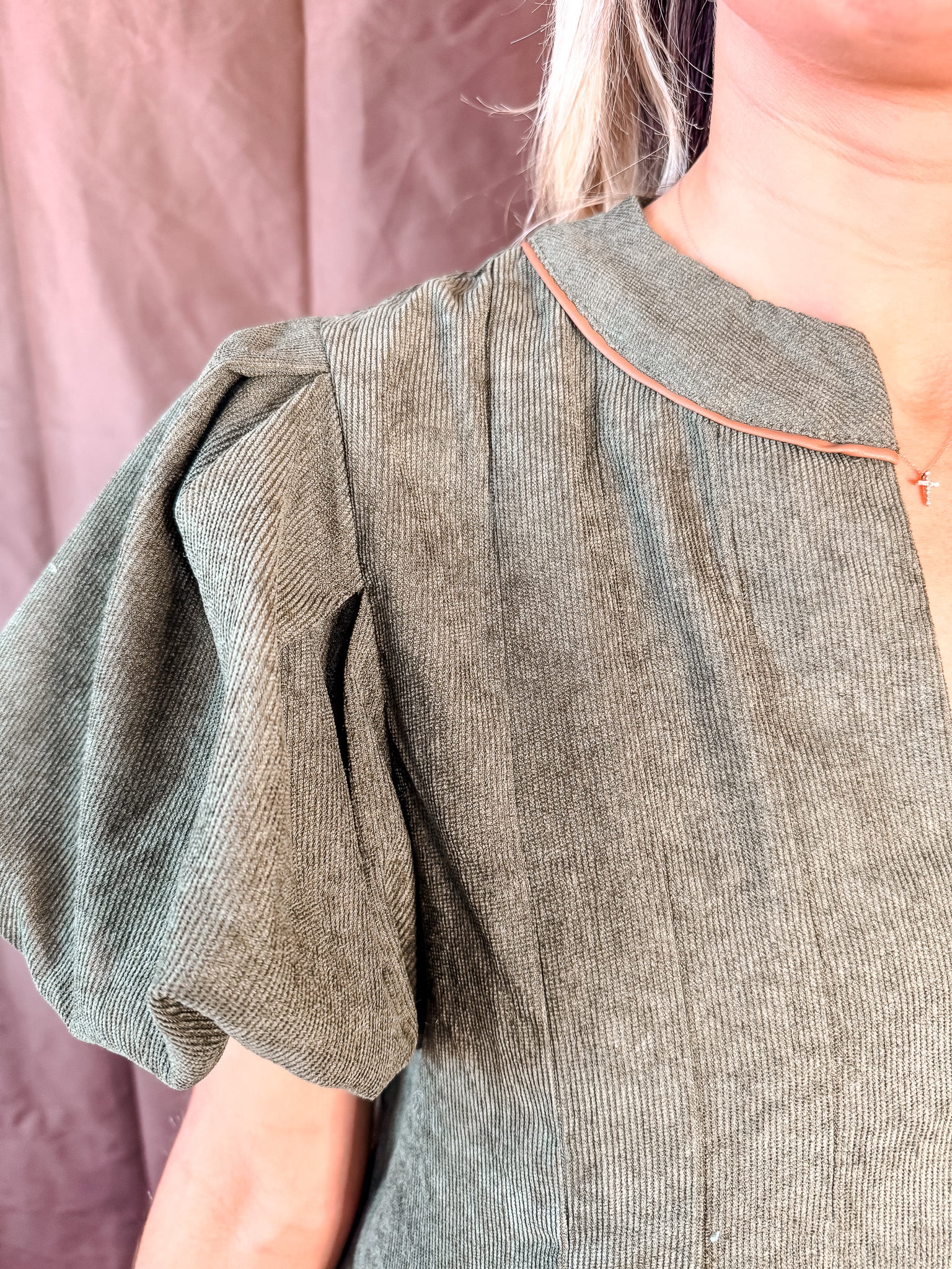 Z Puff Sleeve Corduroy Dress - Olive