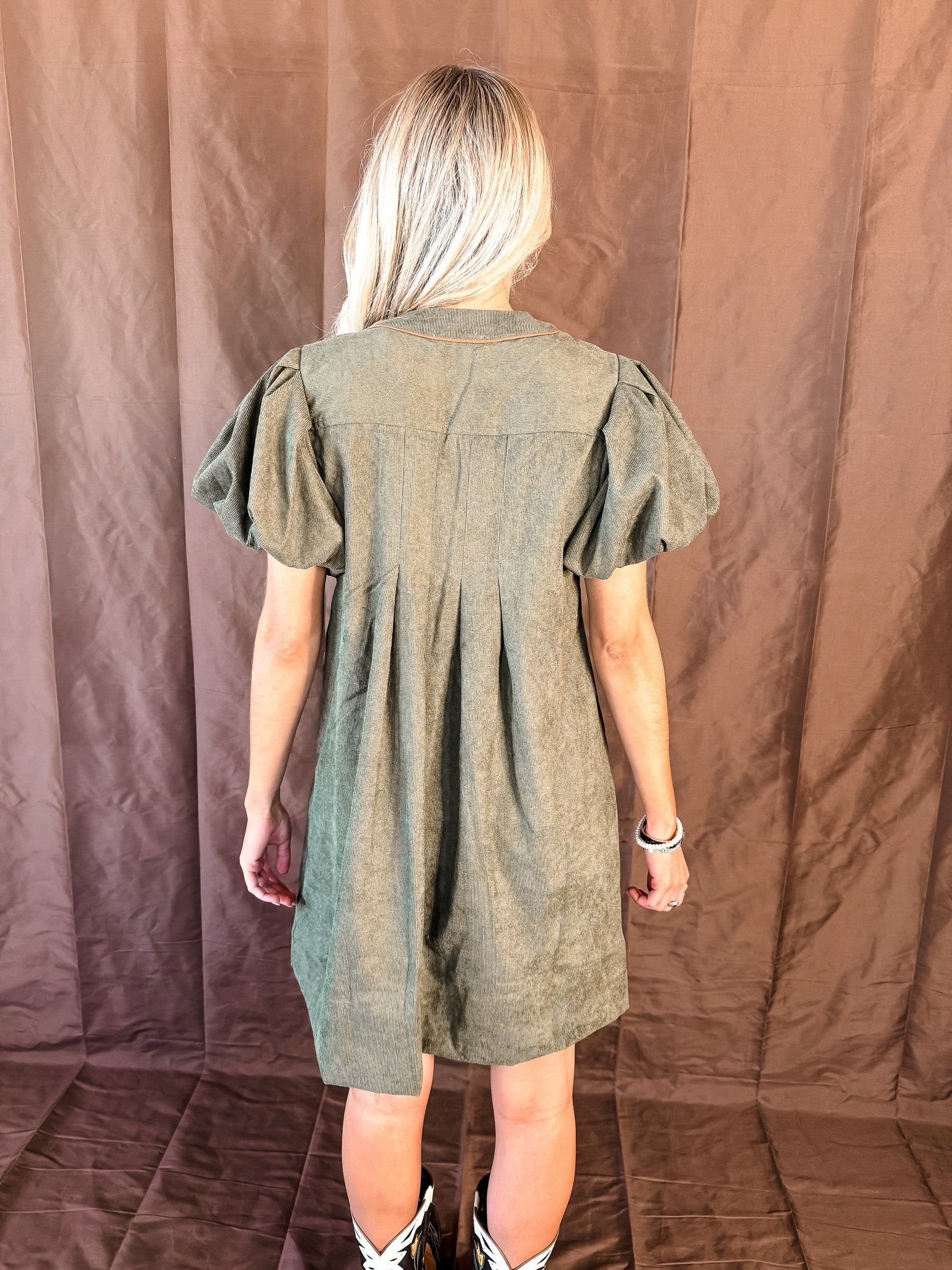 Z Puff Sleeve Corduroy Dress - Olive