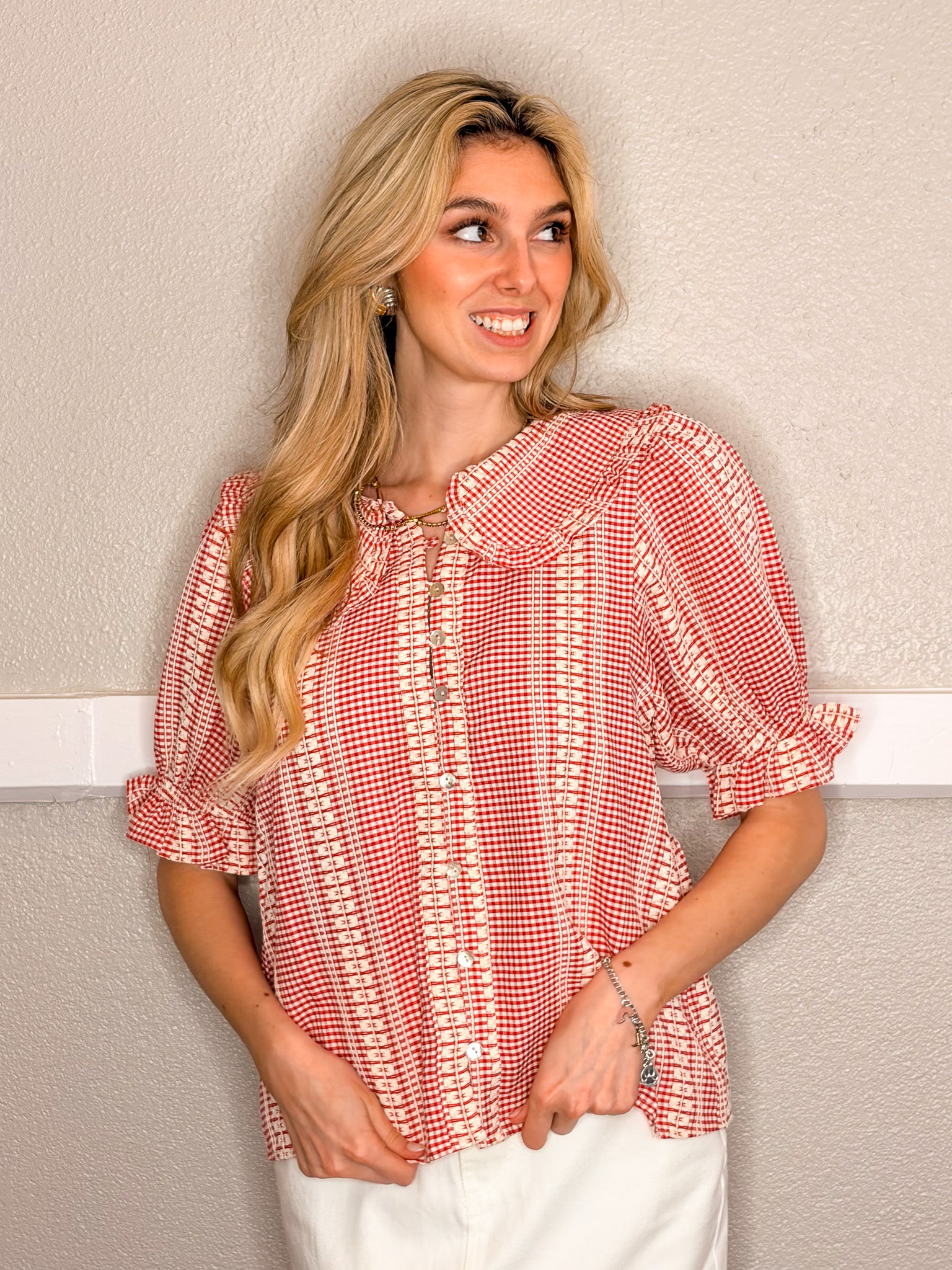 Embroidered Checked Top - Red
