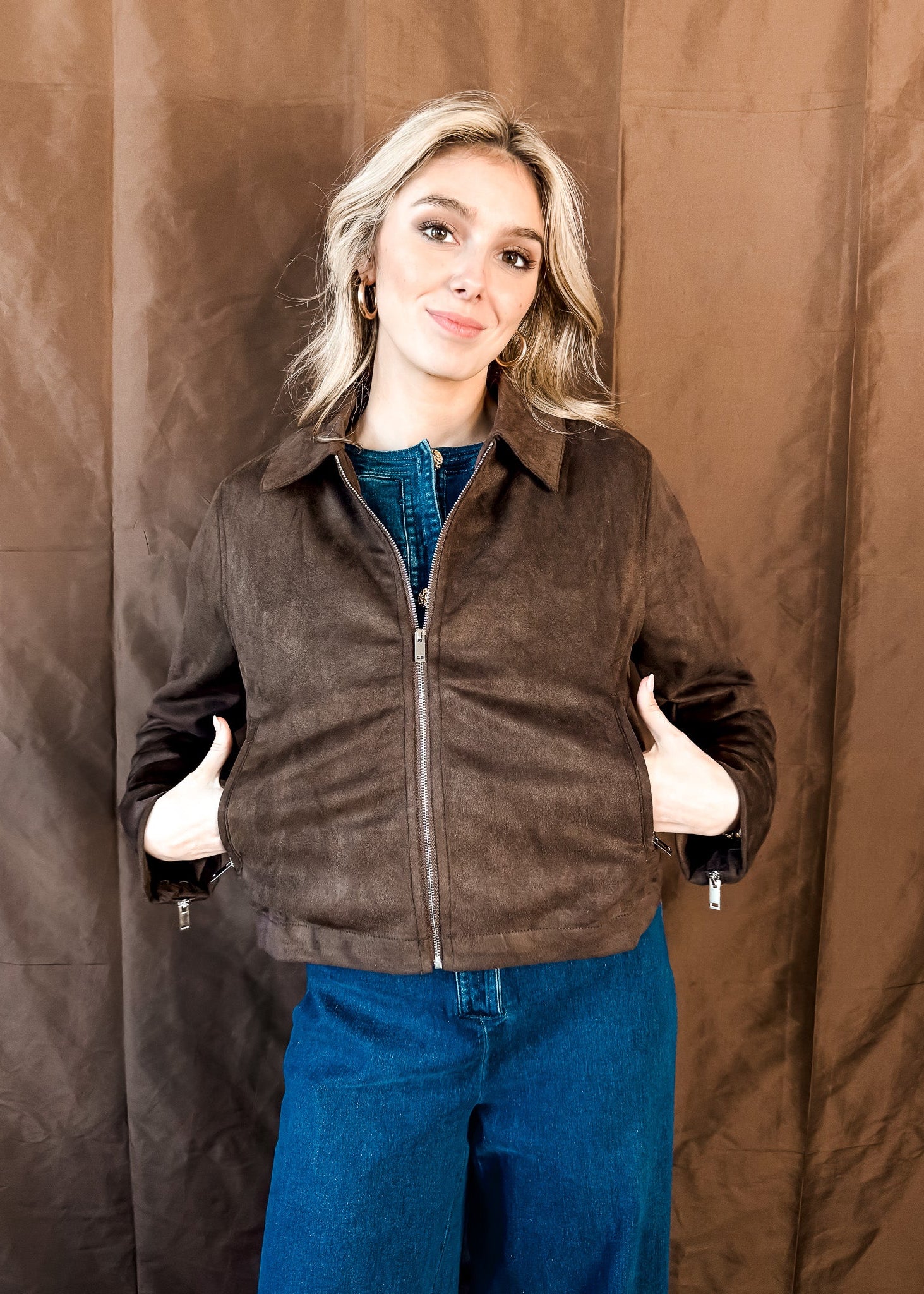 Suede Zip Up Jacket - Chestnut