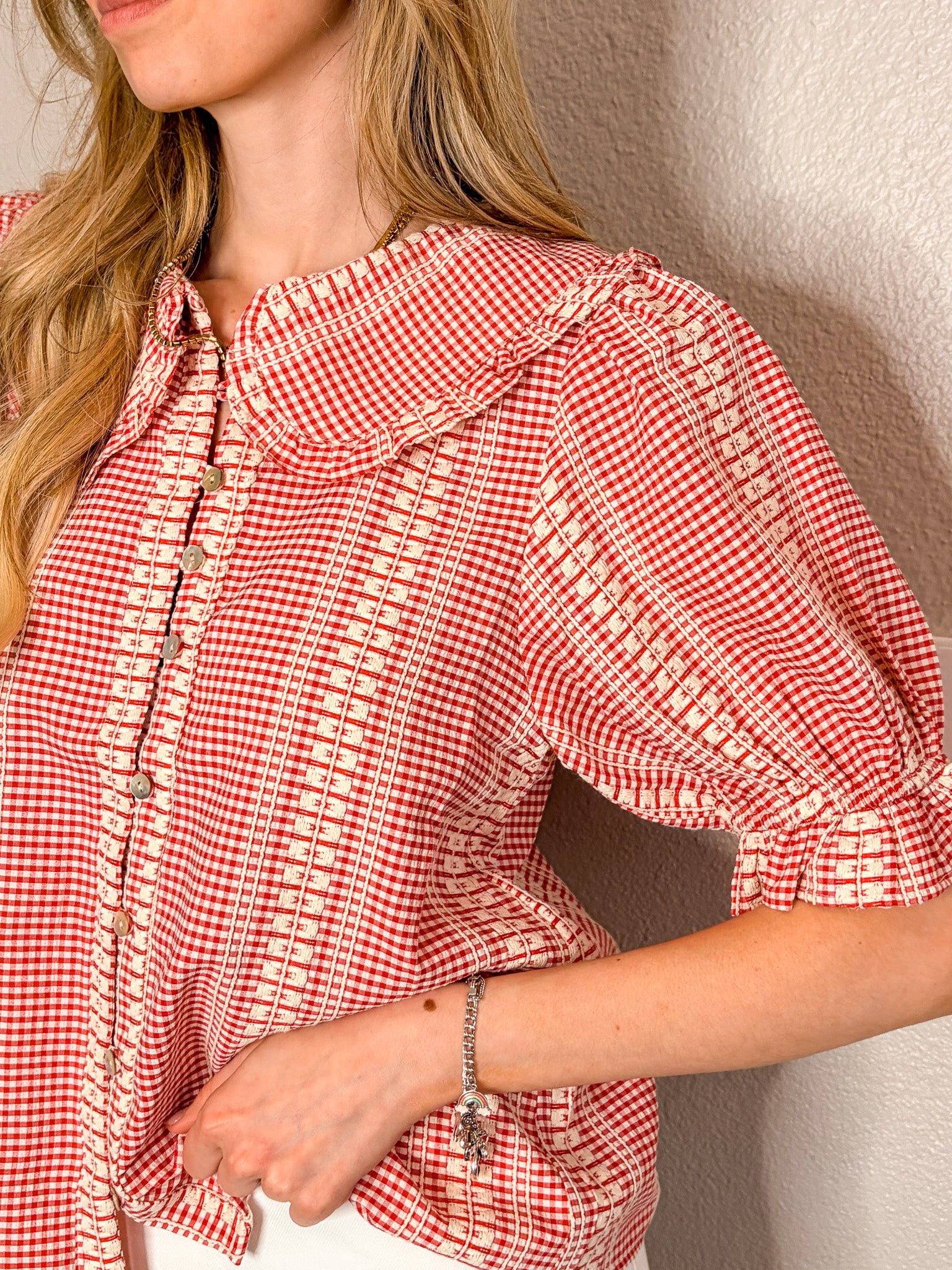 Embroidered Checked Top - Red