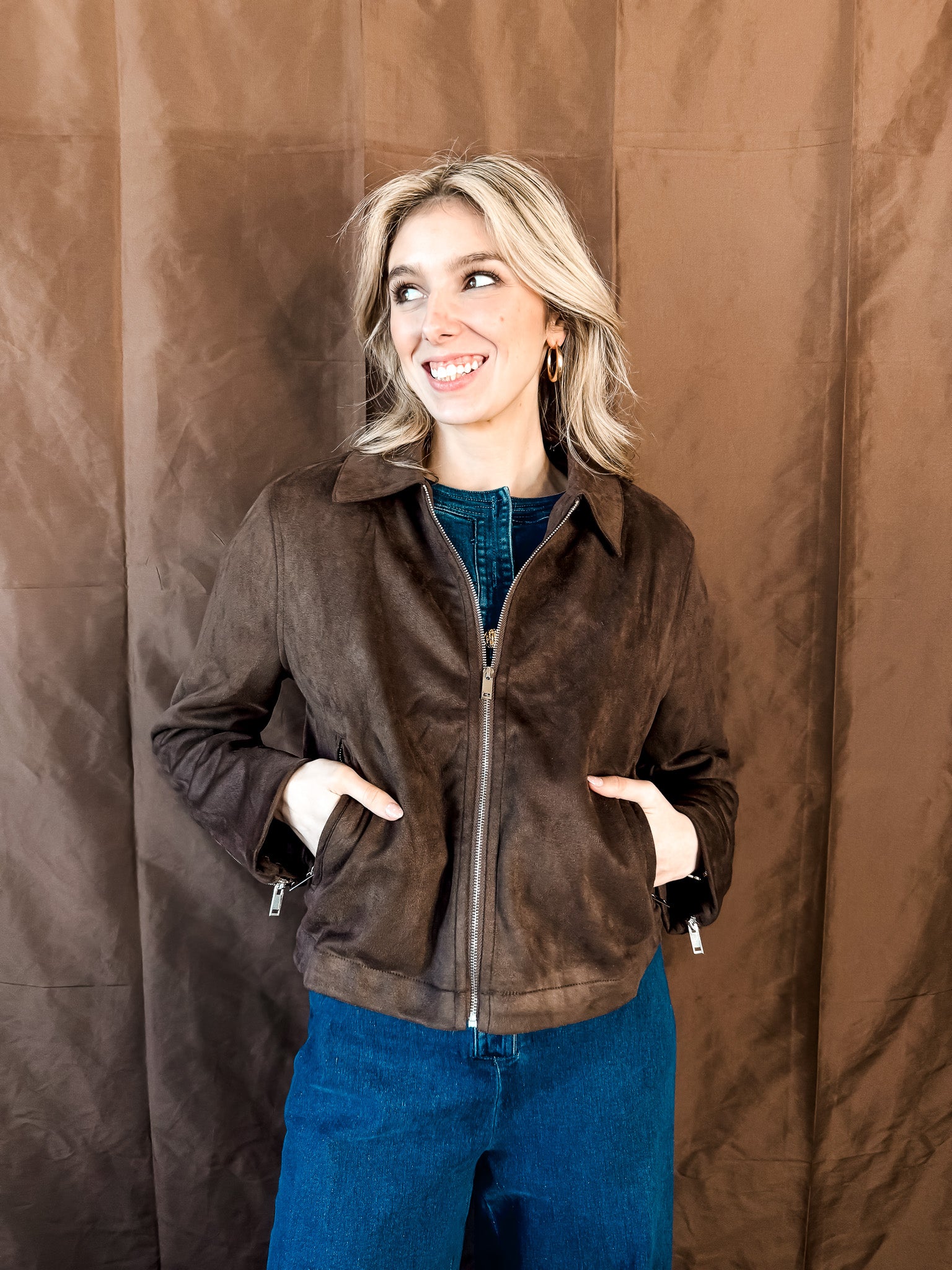 Suede Zip Up Jacket - Chestnut