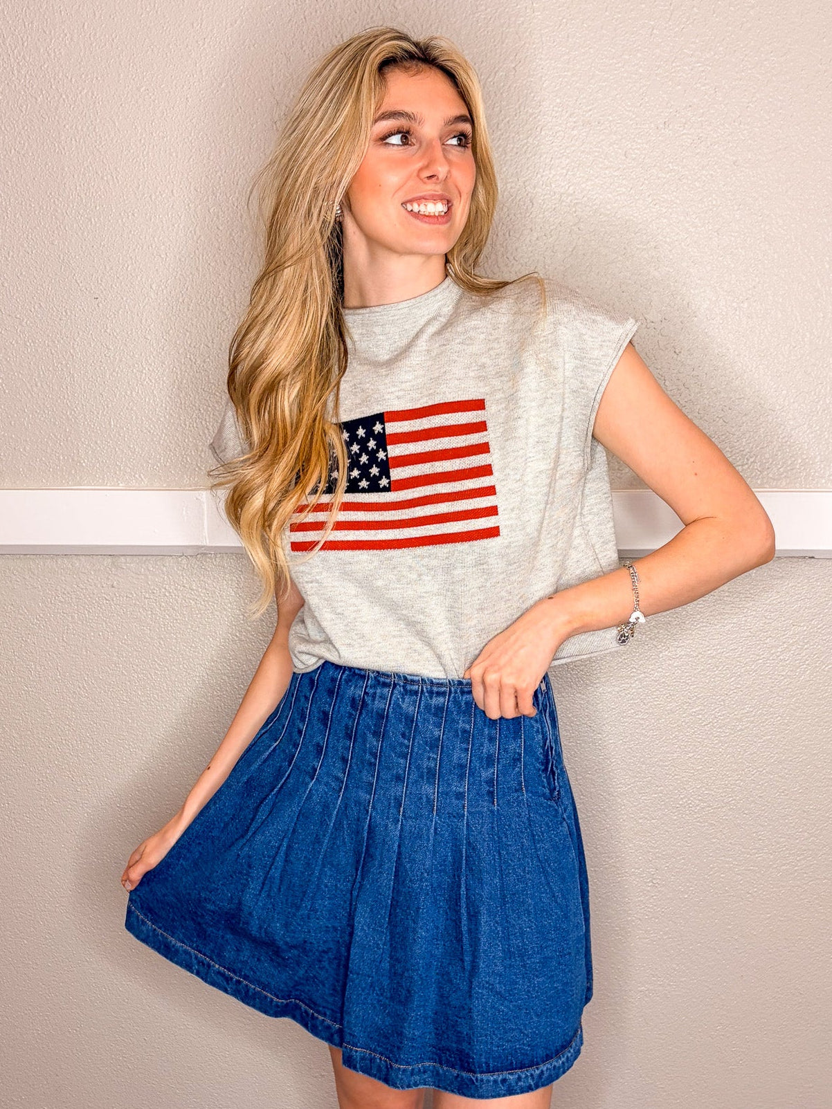 Pleated Denim Mini Skirt