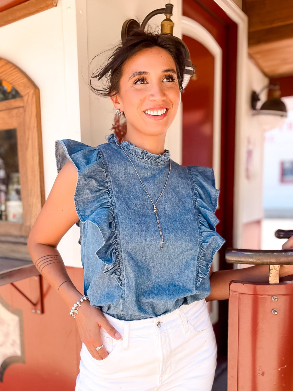 Trinity Denim Ruffled Casual Top