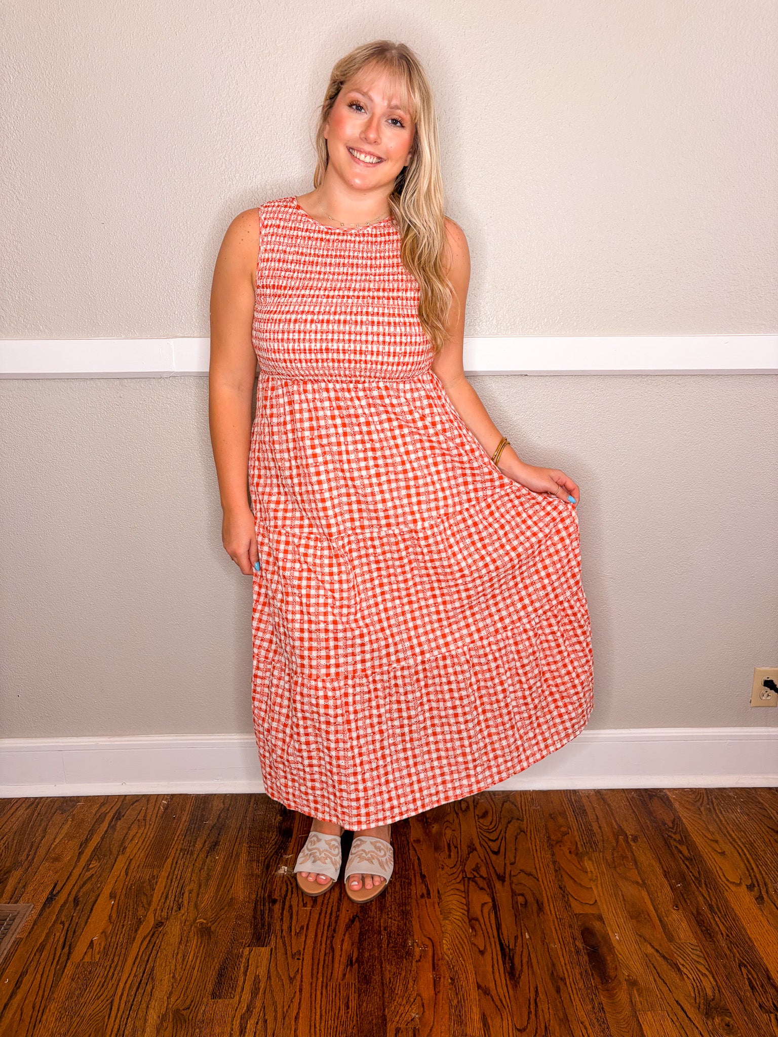 Gingham Eyelet Dress - Red