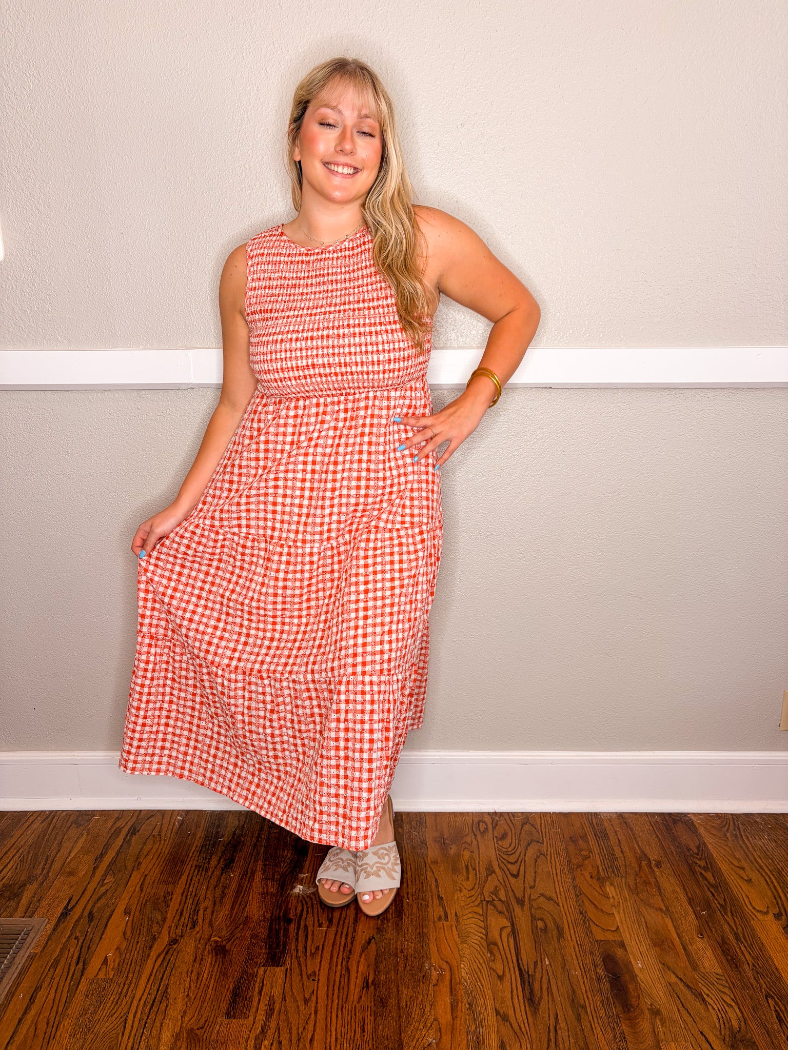 Gingham Eyelet Dress - Red