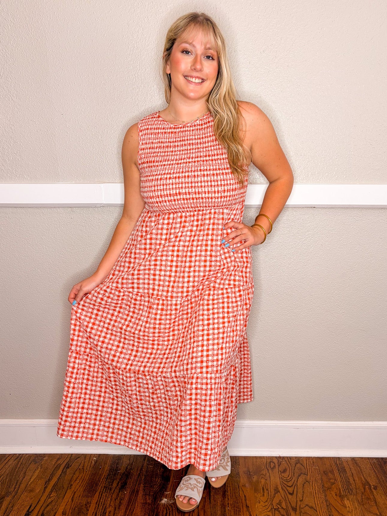 Gingham Eyelet Dress - Red