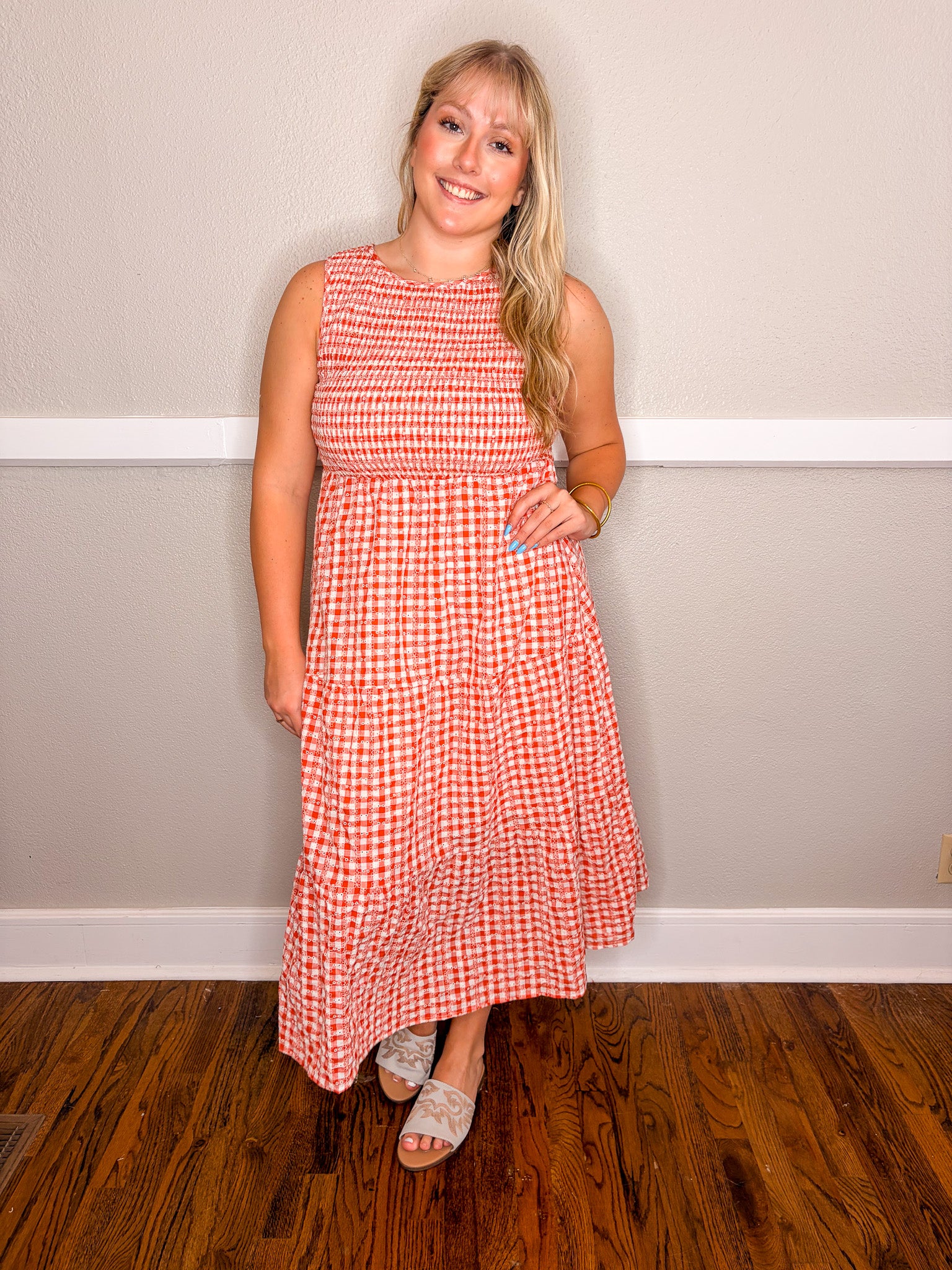 Gingham Eyelet Dress - Red