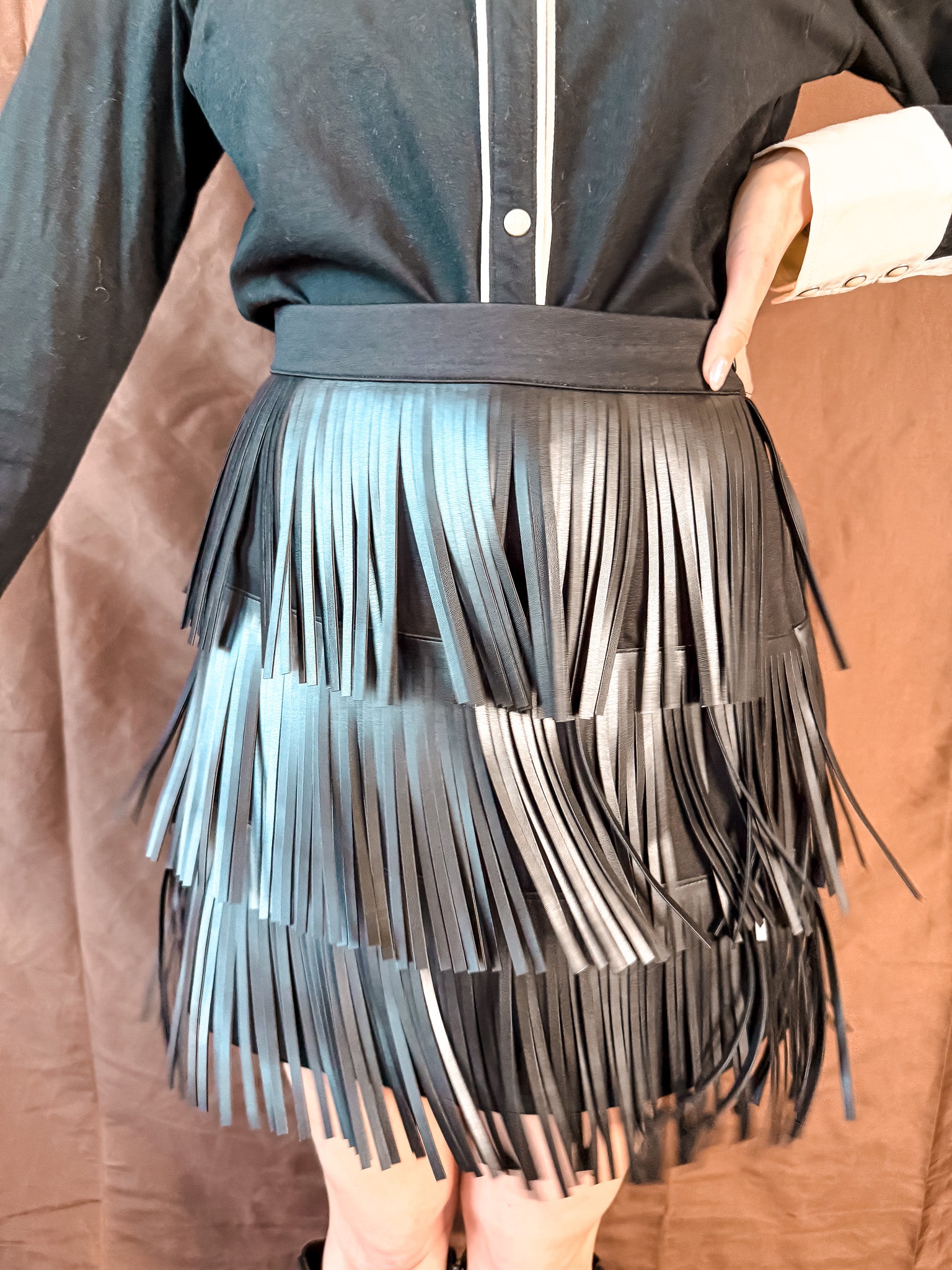 Jade Faux Leather Fringe Skirt - Black