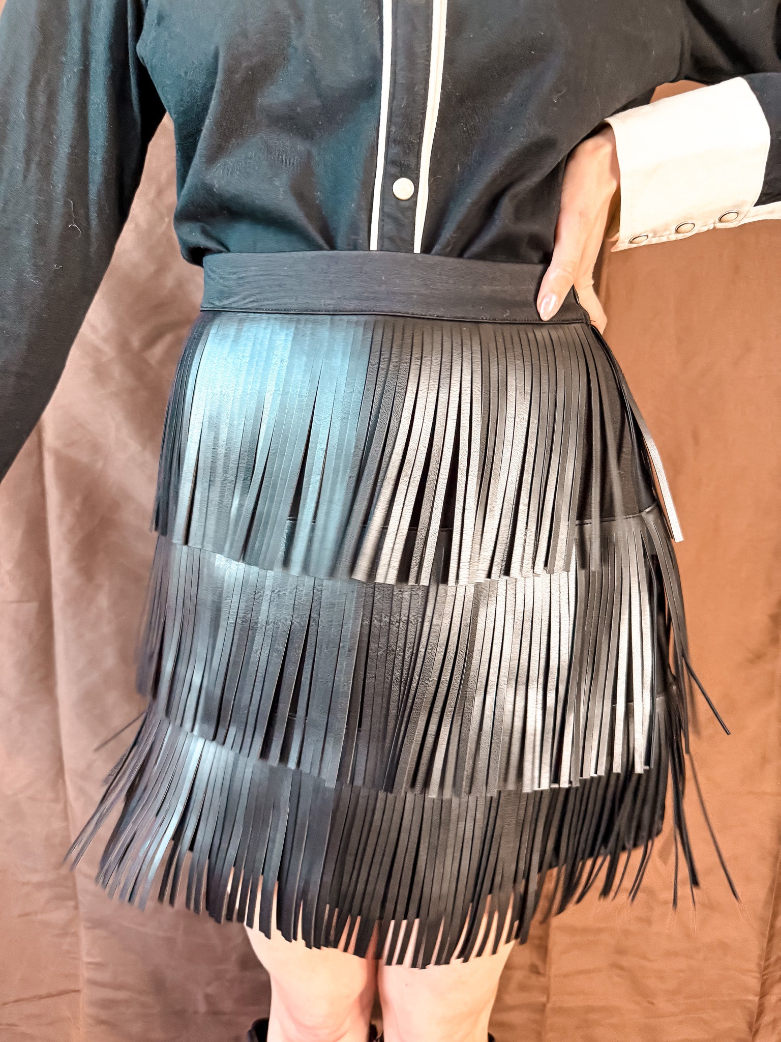 Jade Faux Leather Fringe Skirt - Black