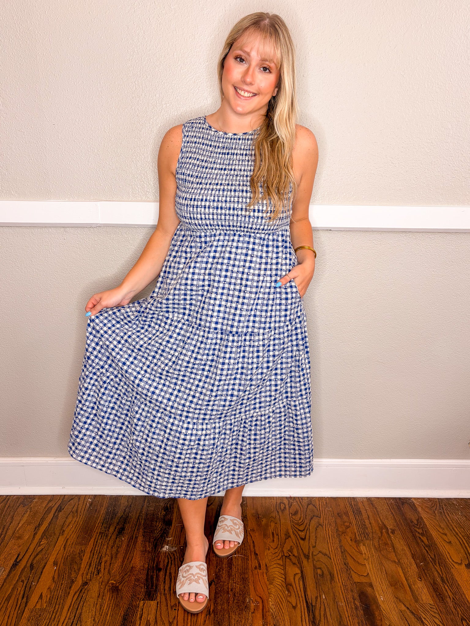 Gingham Eyelet Dress - Navy