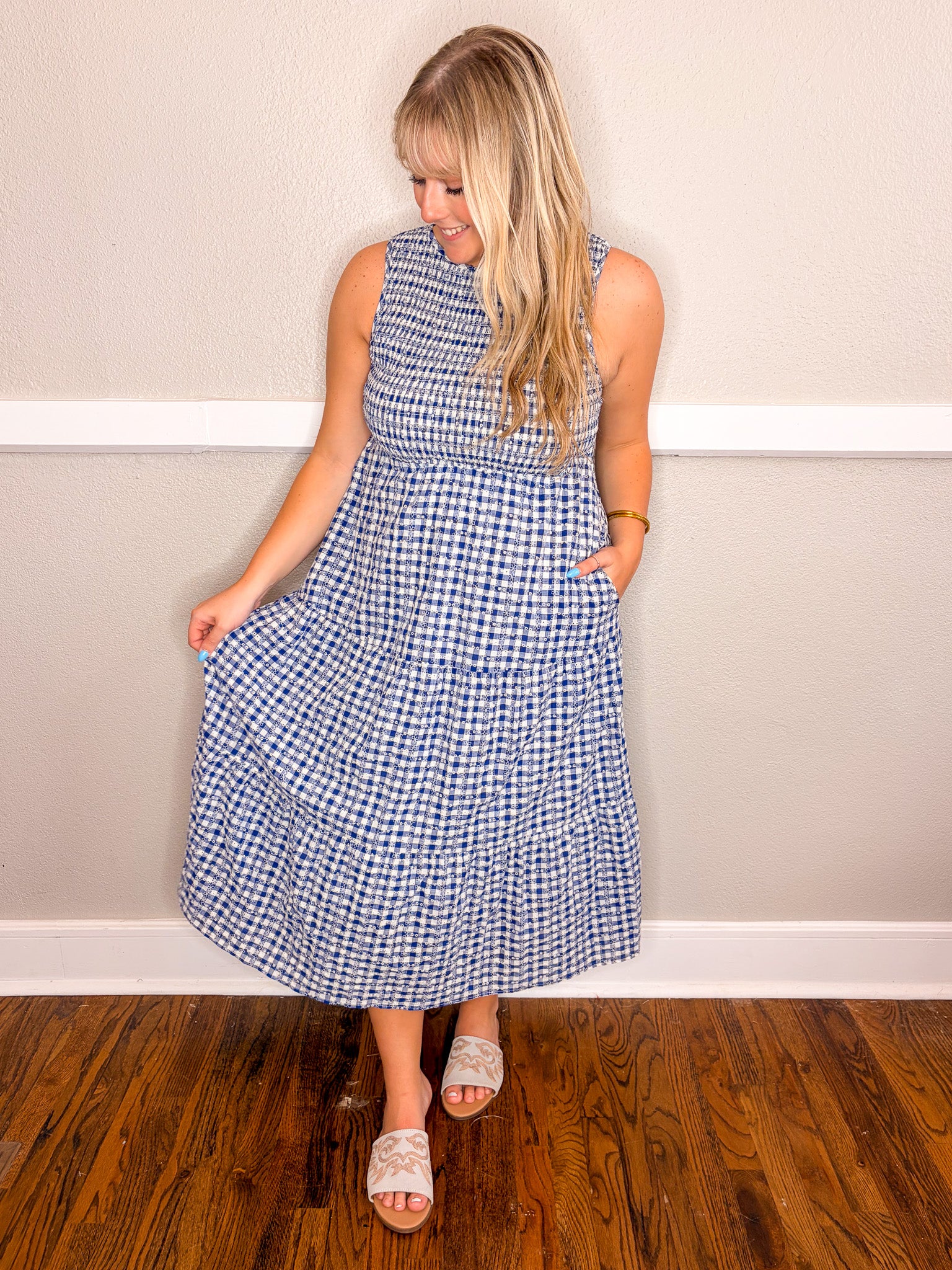 Gingham Eyelet Dress - Navy