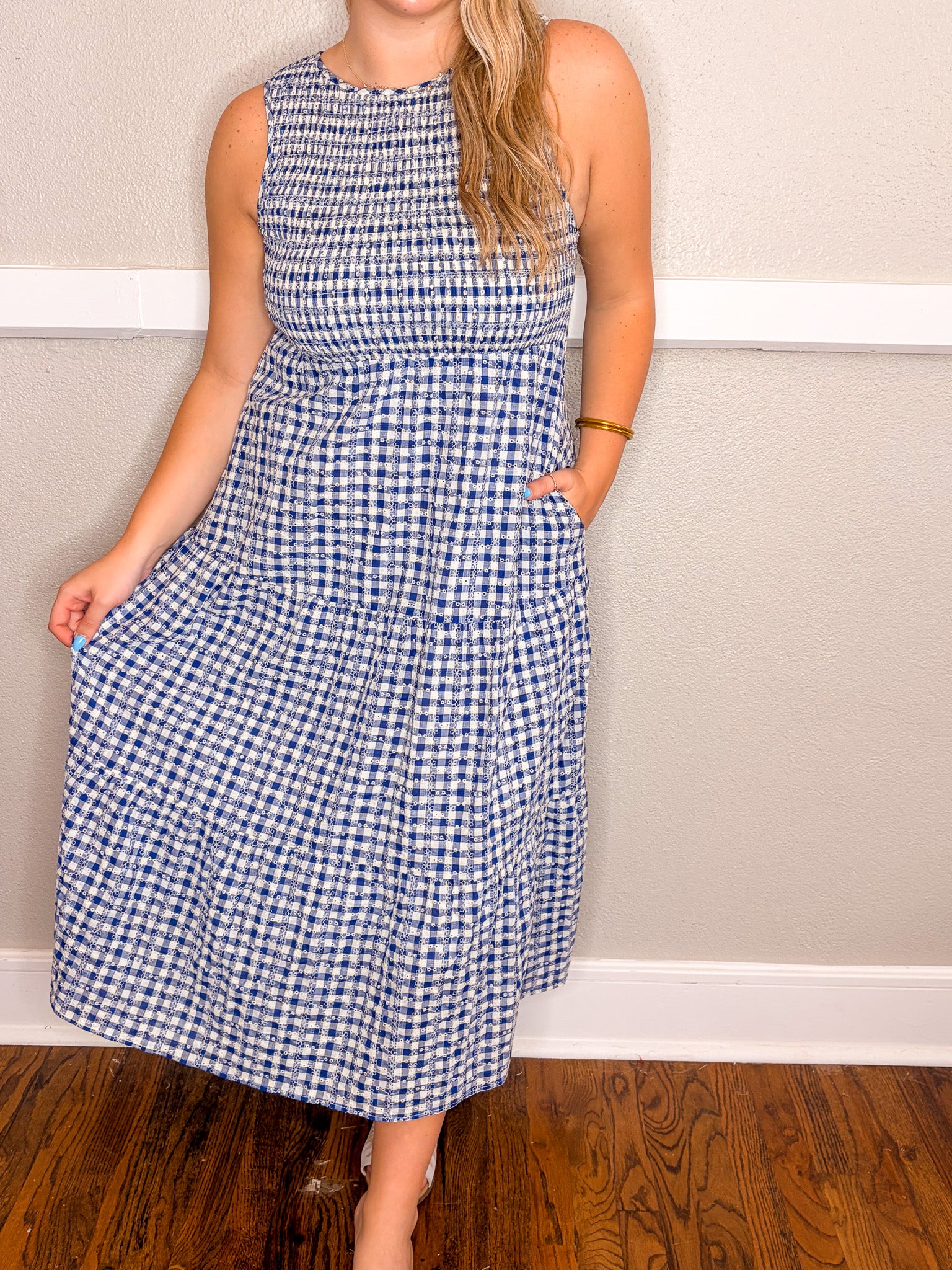 Gingham Eyelet Dress - Navy