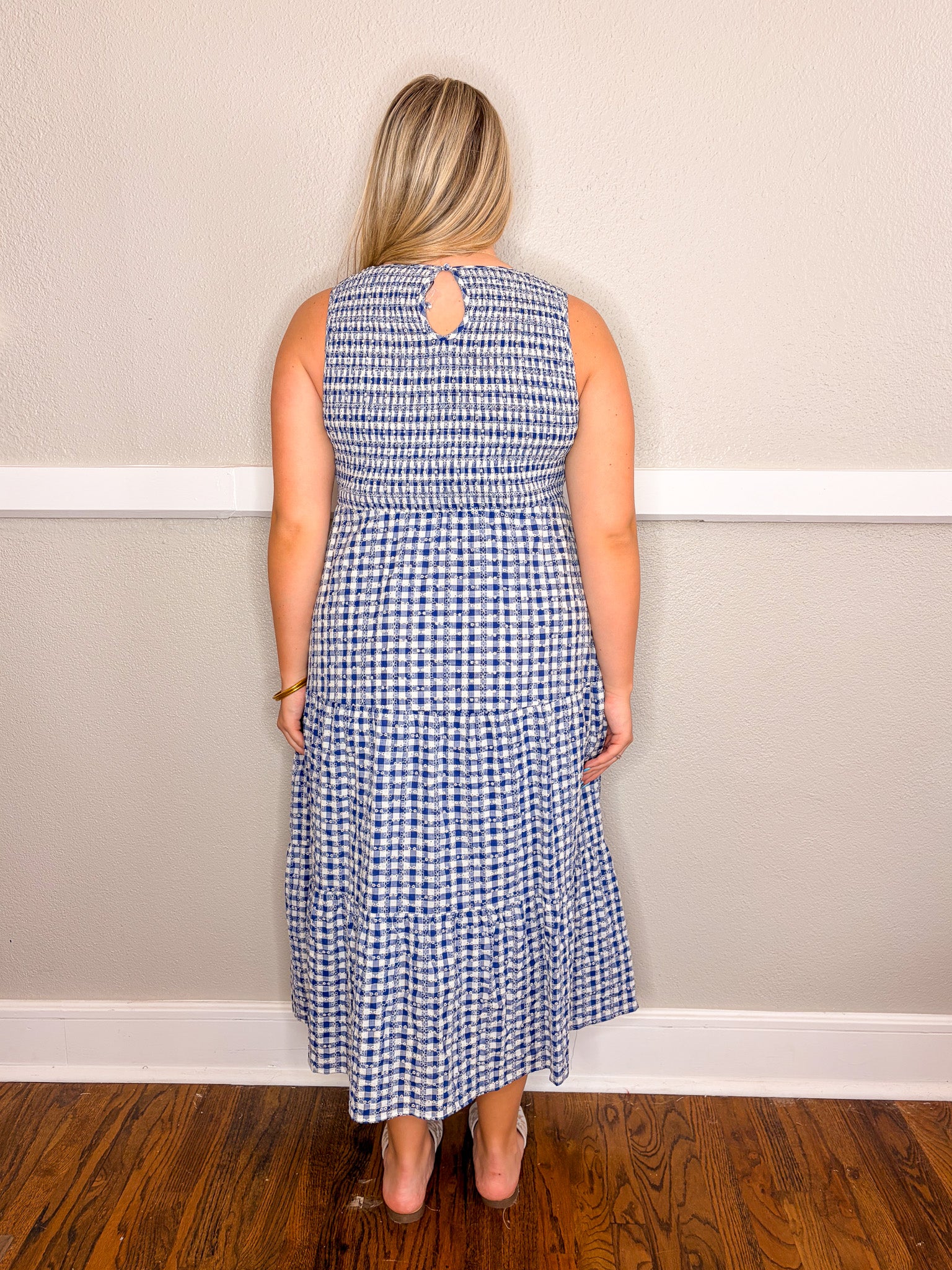 Gingham Eyelet Dress - Navy