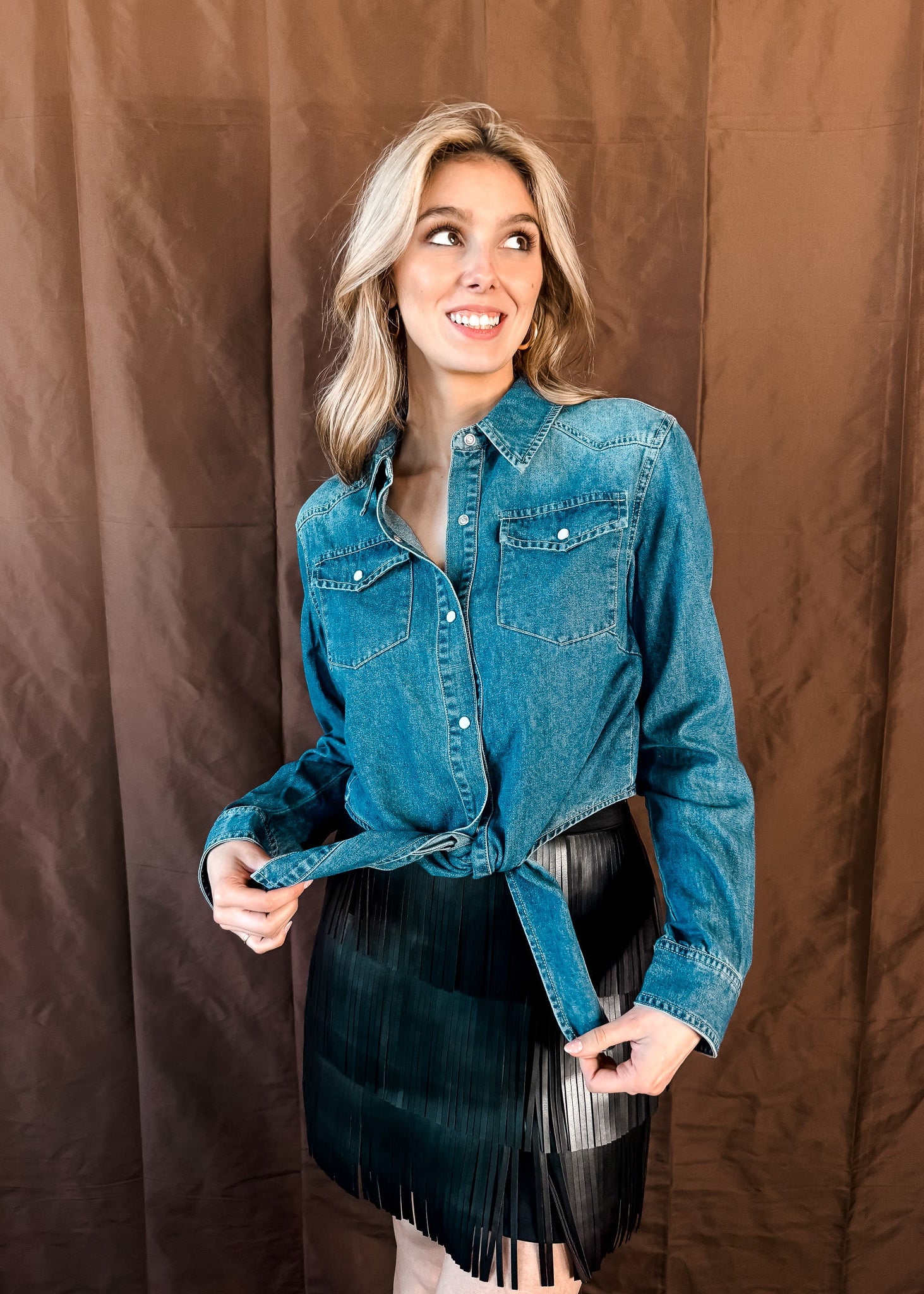 Tie Front Denim Shirt - Dark Denim