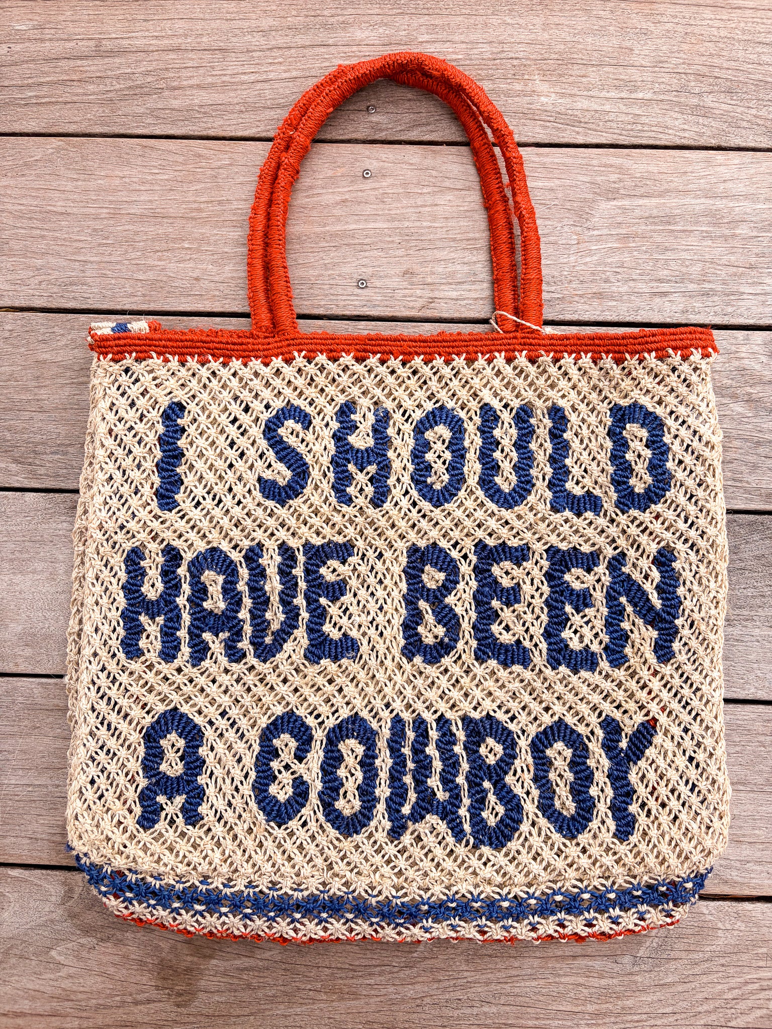 Shoulda Been A Cowboy Jute Tote - Navy/Red