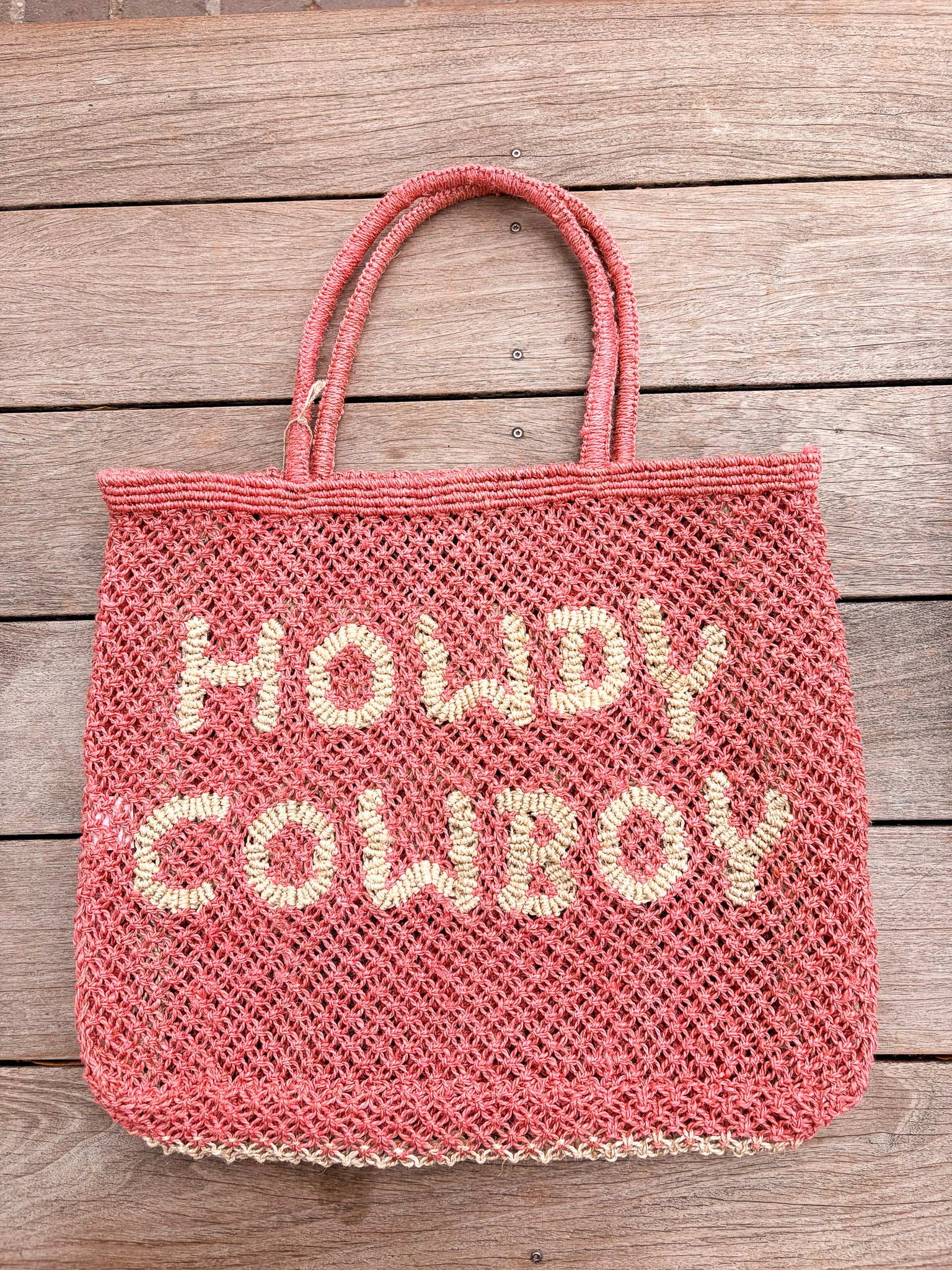 Howdy Cowboy Jute Tote - Berry