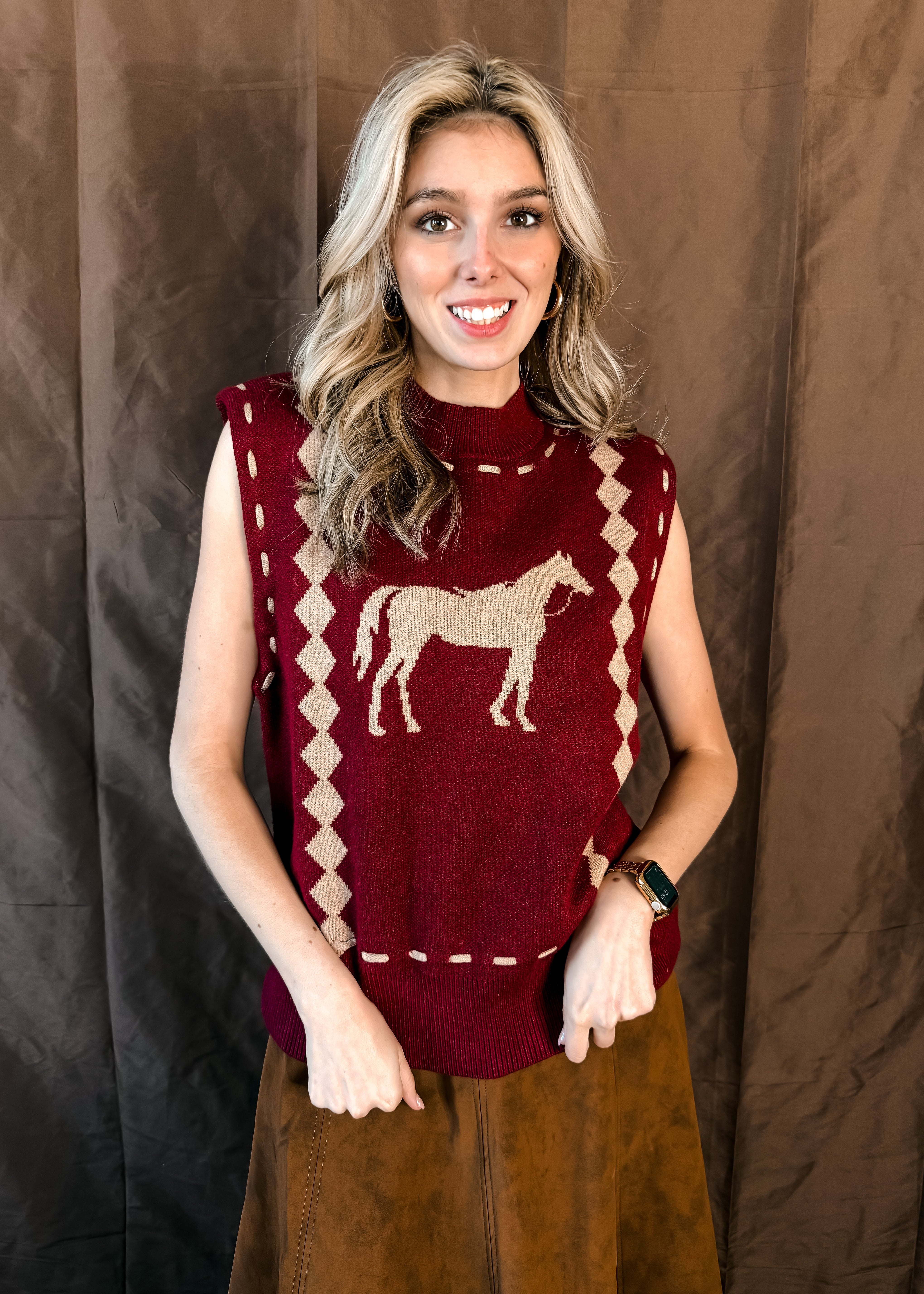 Trophy Horse Sweater Vest - Burgundy
