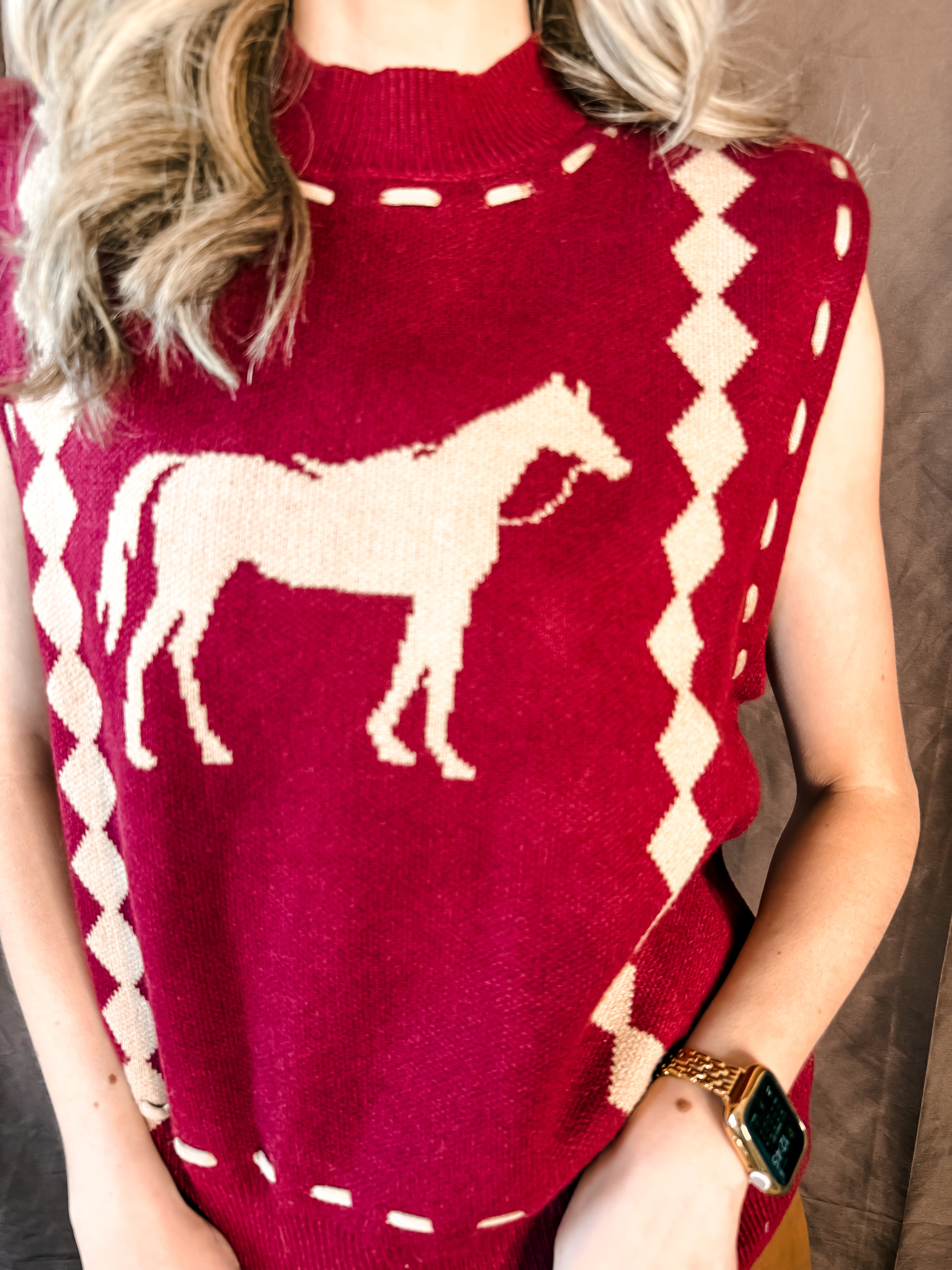 Trophy Horse Sweater Vest - Burgundy