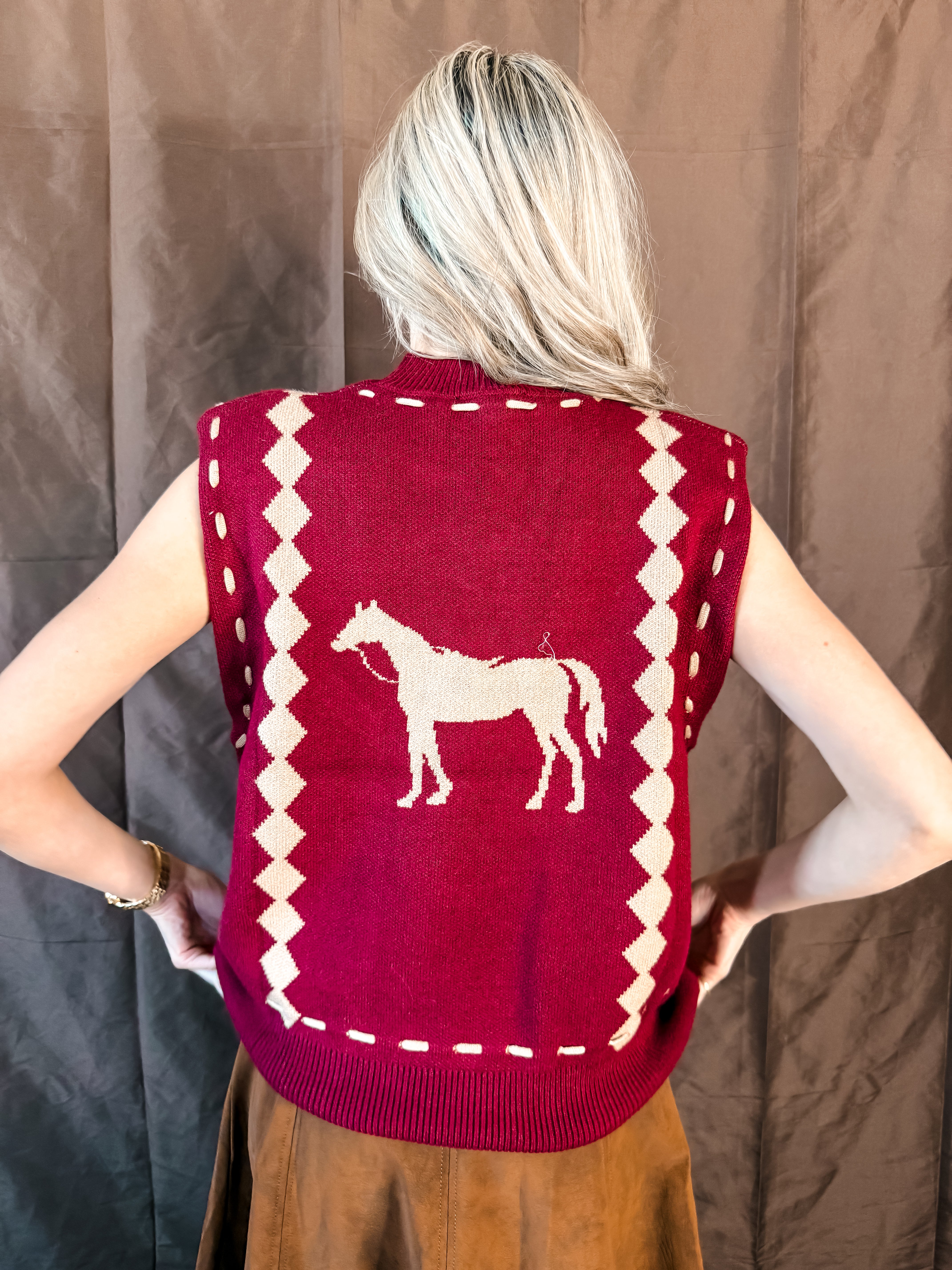 Trophy Horse Sweater Vest - Burgundy
