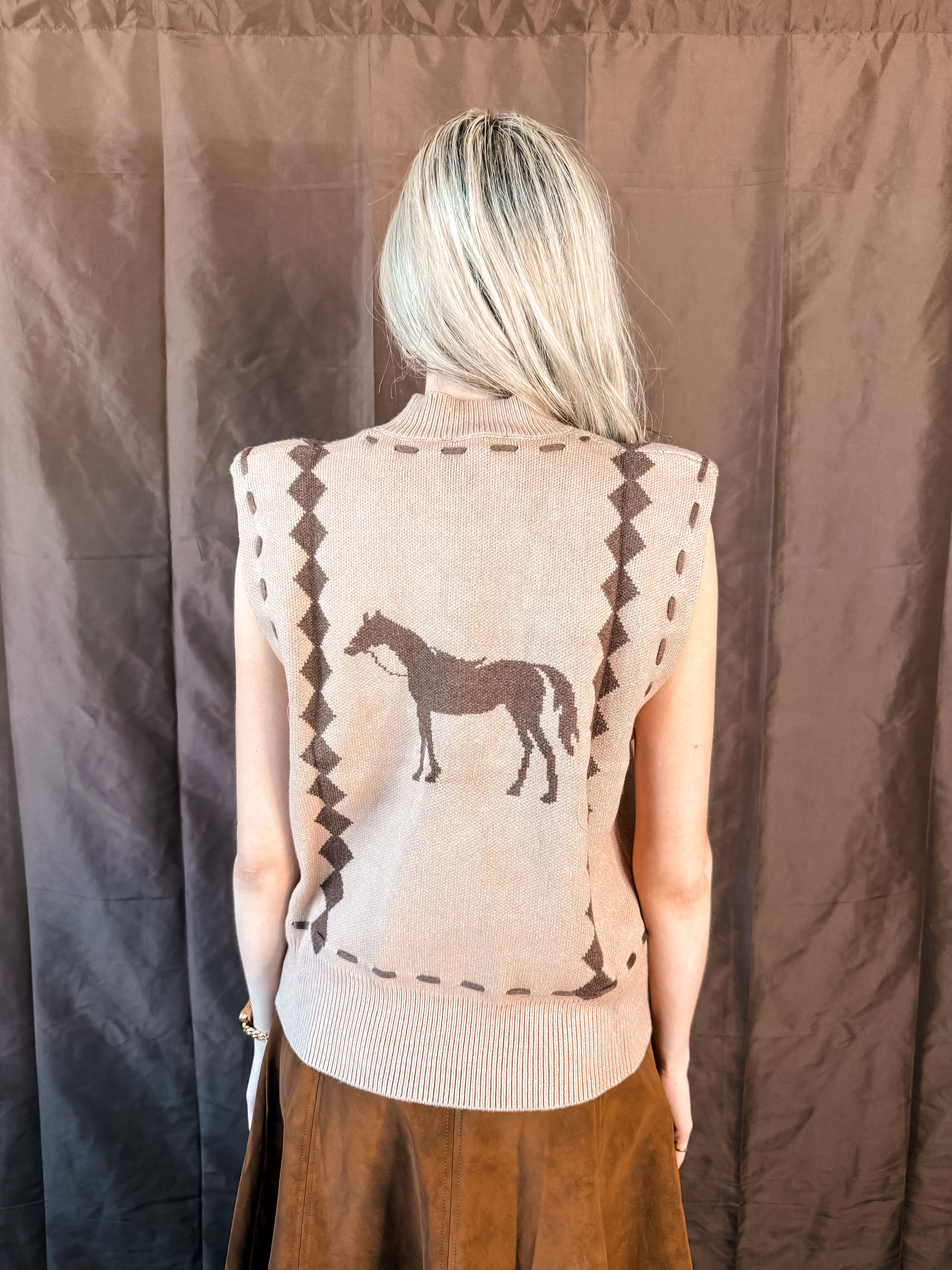 Trophy Horse Sweater Vest - Camel