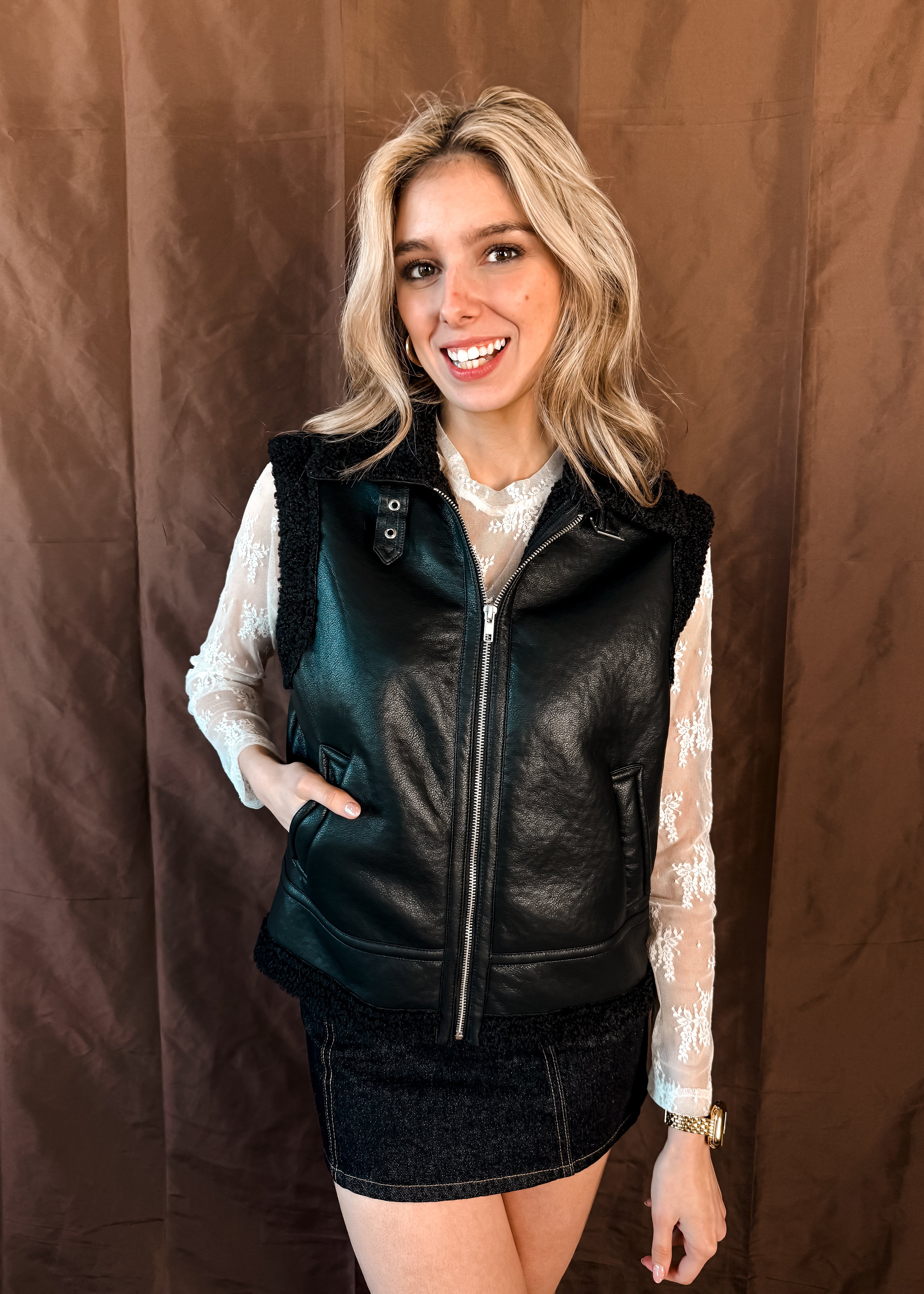Faux Leather Shearling Trimmed Vest