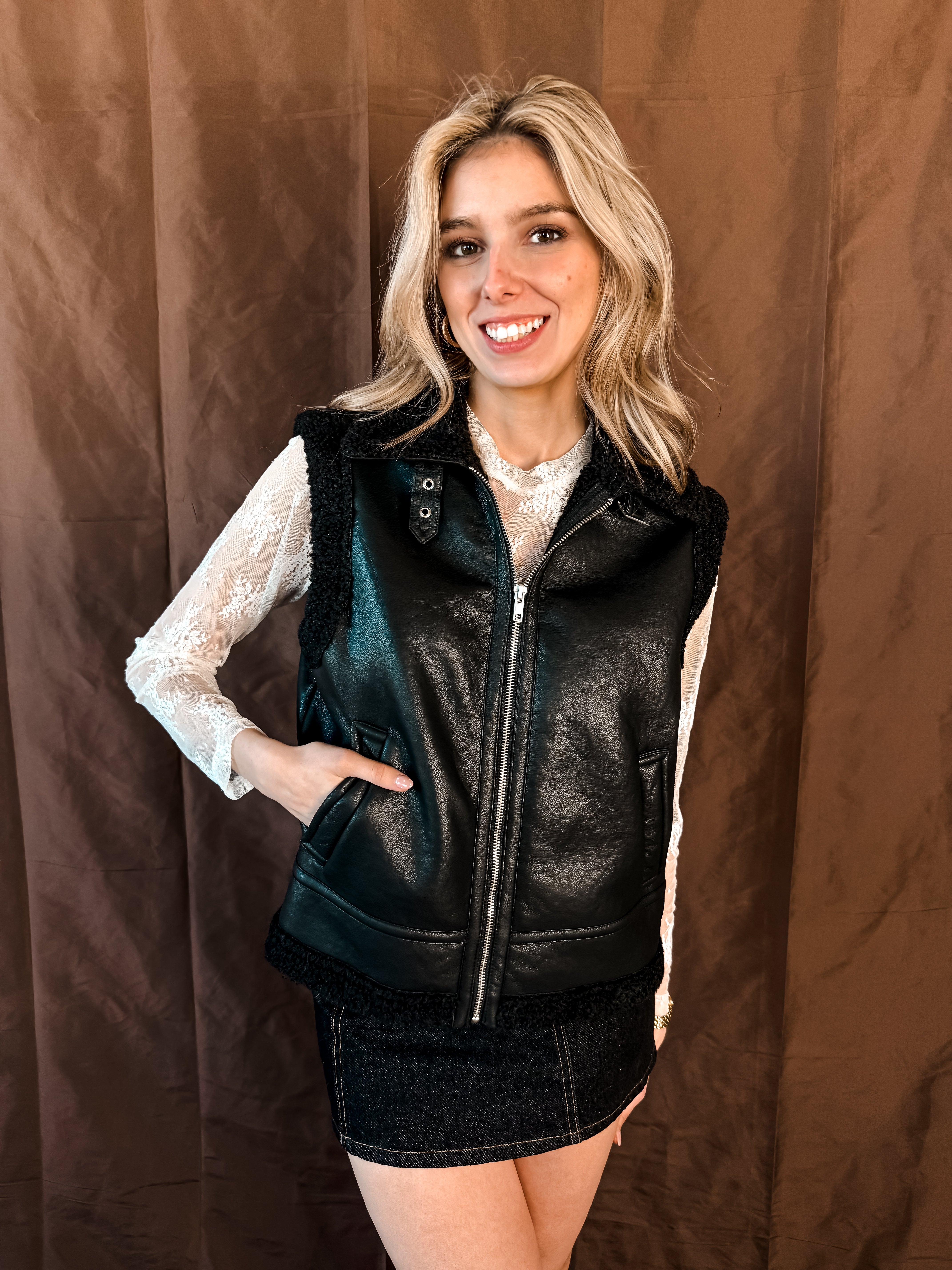 Faux Leather Shearling Trimmed Vest