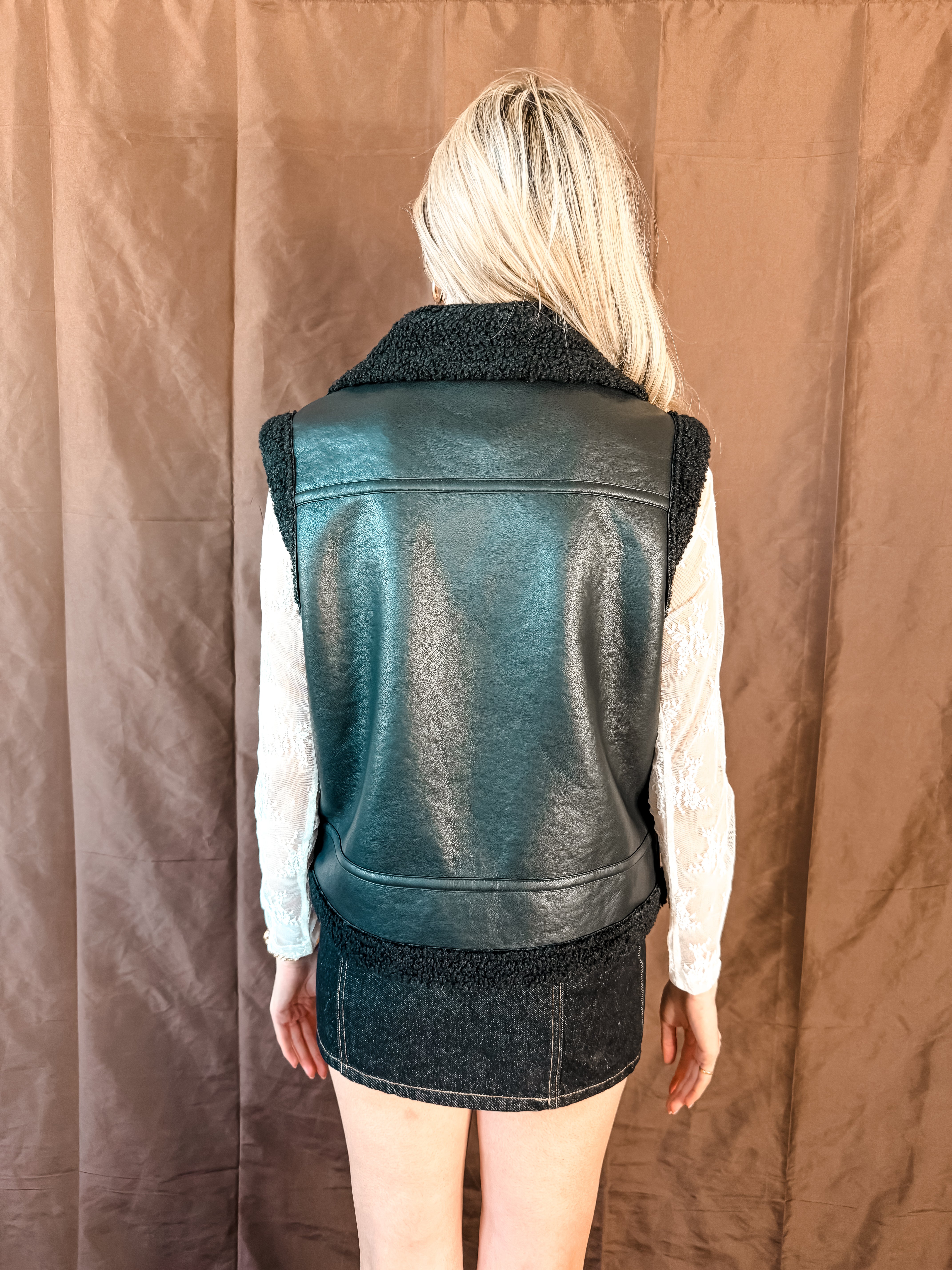 Faux Leather Shearling Trimmed Vest