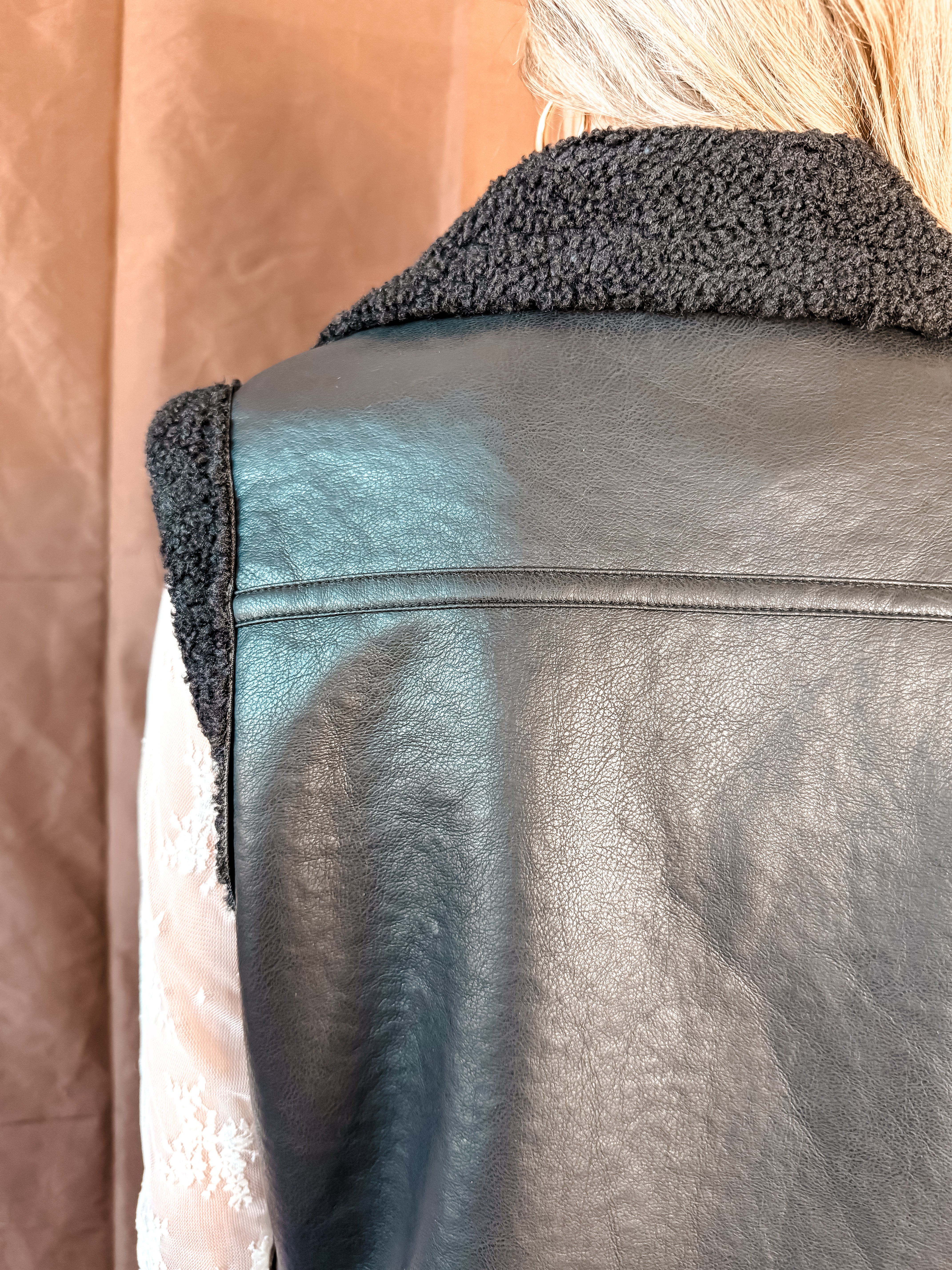 Faux Leather Shearling Trimmed Vest
