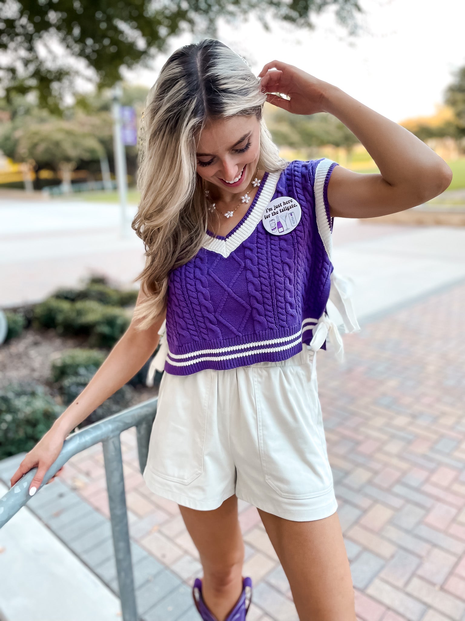 Contrast Stripe Bow Sweater - Purple