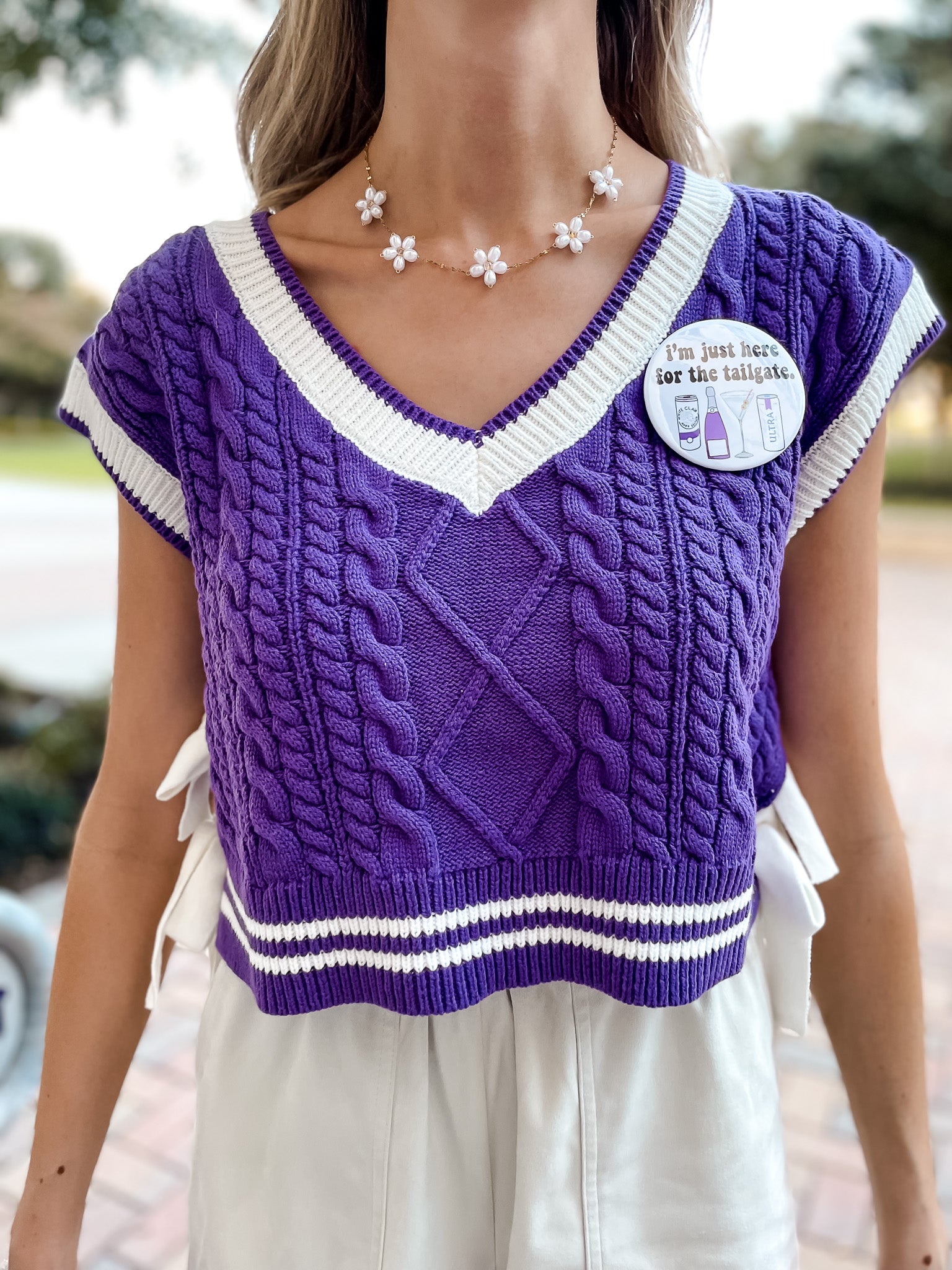 Contrast Stripe Bow Sweater - Purple