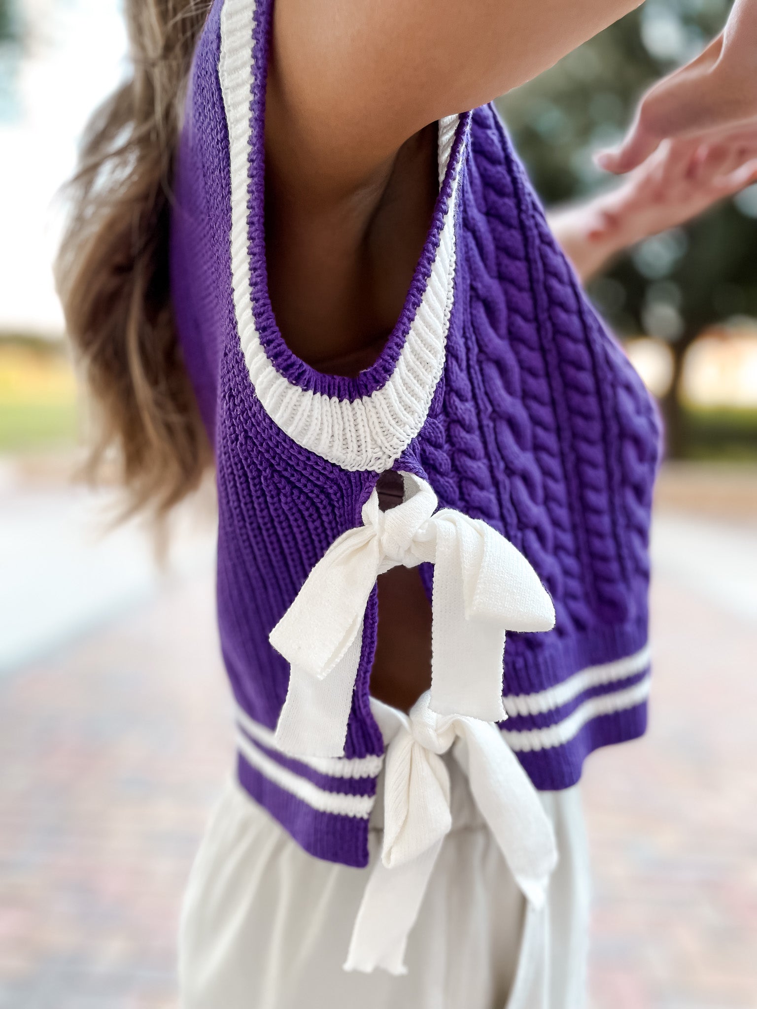Contrast Stripe Bow Sweater - Purple